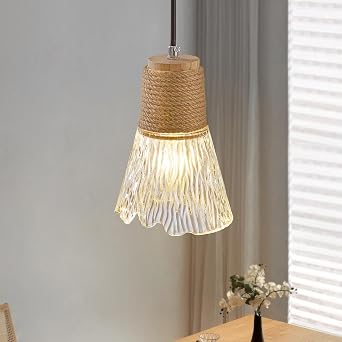 Rustic Glass Pendant Light, Adjustable Hanging Ceiling Light with Natural Rope Wrapped & Wood Canopy, Rippled Textured Glass Shade E27 Pendant Lamp for Kitchen Island Sink Dining Room Bar Hallway [Energy Class C]