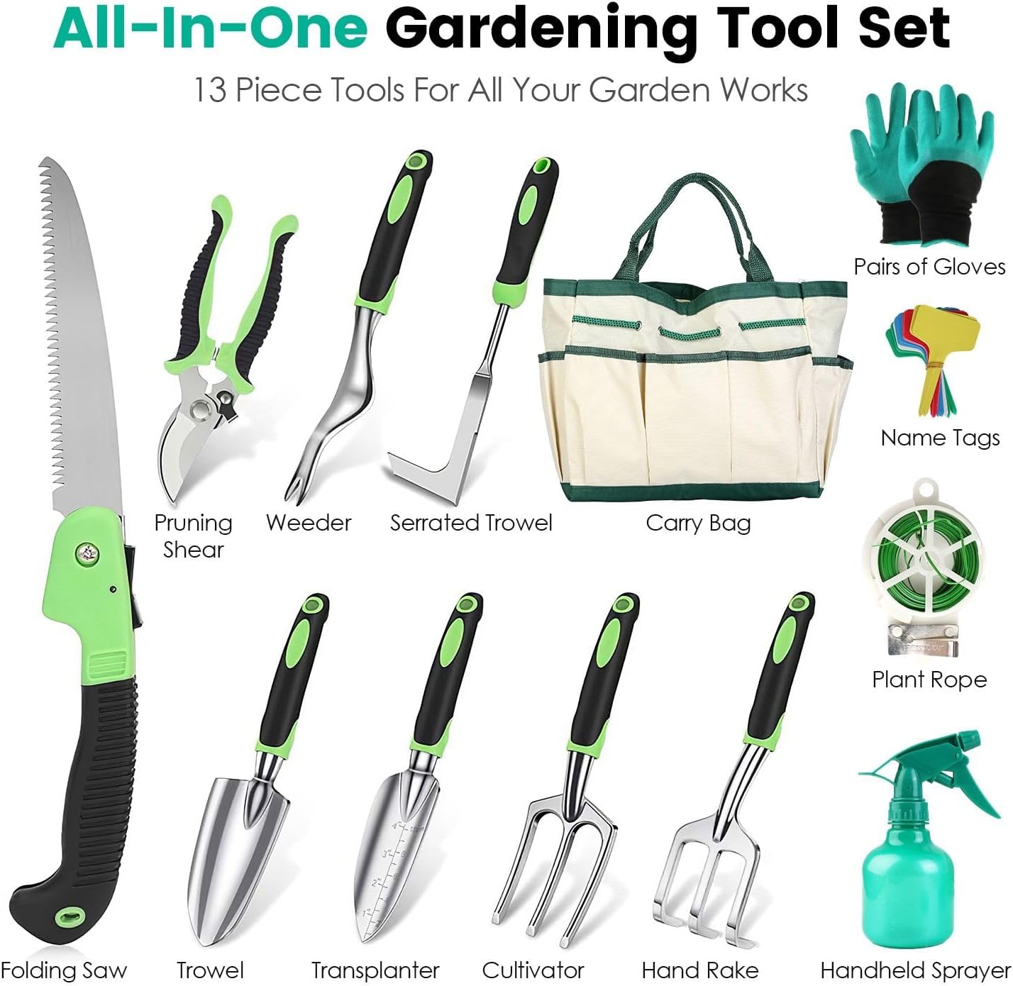 Heavy Duty Aluminum Alloy Garden Tools Set - 13Pcs Rustproof Gardening Hand Kit with Ergonomic Handle, Includes Storage Tote Bag, Pruning Shears, Trowel for Outdoor Planting