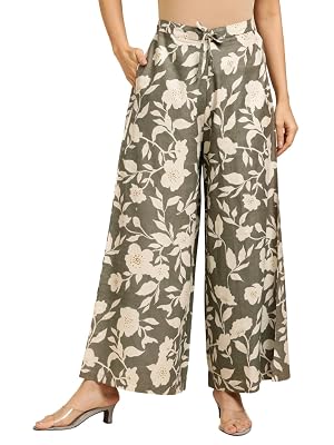 RATAN Women's Cotton Printed Loose Fit High Rise Flared Wide Leg Palazzo Pants (CFP-Brown-X-Large)