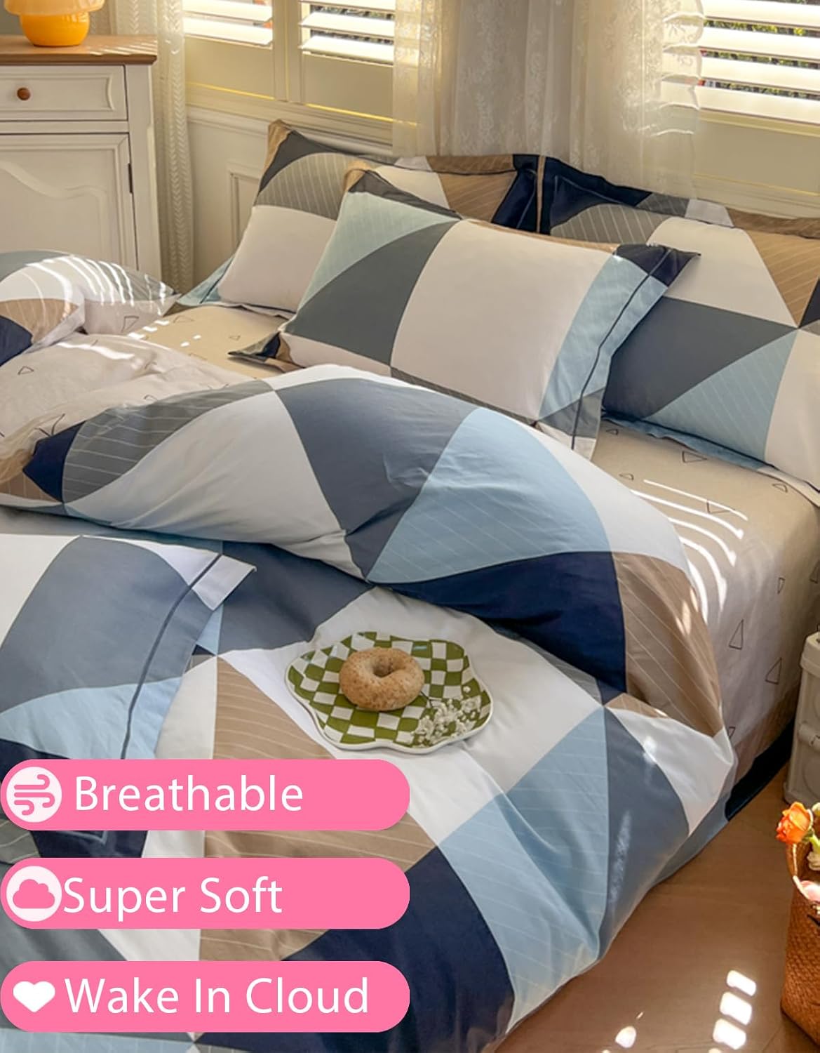 100% Pure Washed Cotton Blue Gingham Duvet Cover Beddin Set King Size Bedding Set Feel Super Soft Comfy Vintage Plaid Comforter Cover Set(Comforter Not Included qiqiaoban, King)