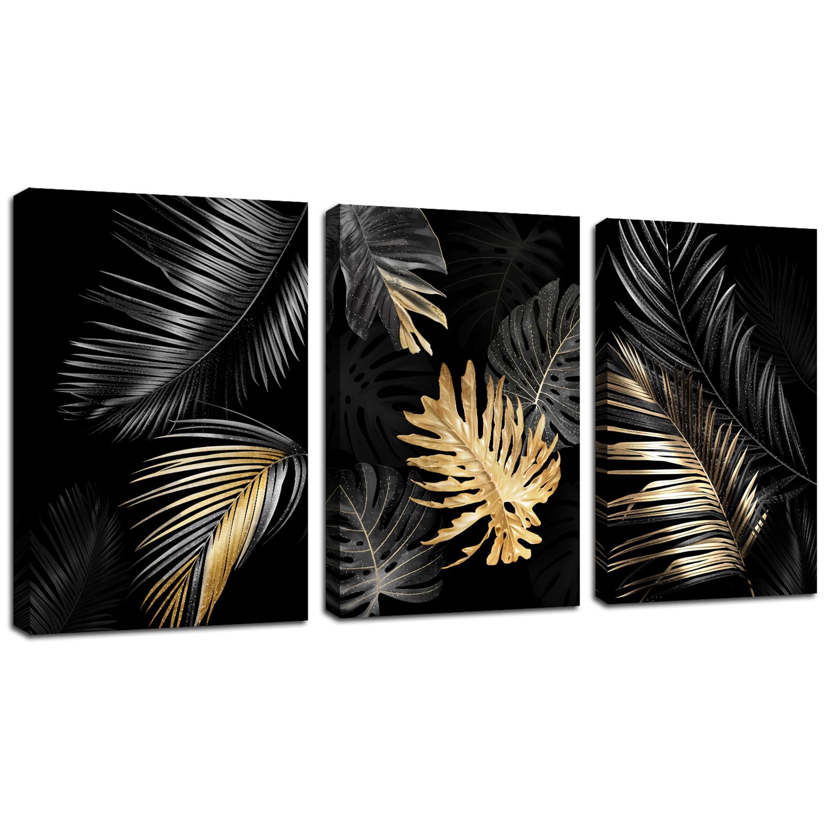 FajerminArt 3 Panels Modern Canvas Wall Art Navy Blue Gold Flowers Coconut Leaves Pictures Painting on Canvas Prints for Living Room Bedroom Office Wall Decoration Stretched On Frame 30x40cmx3 Pcs — view 49