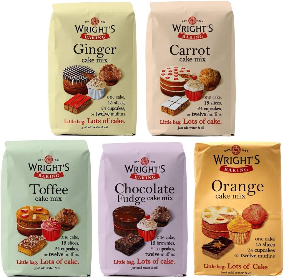 Wright's Baking Cake Mix Selection Pack - Ginger, Carrot, Toffee, Chocolate Fudge & Orange (One of Each 500g Pack)