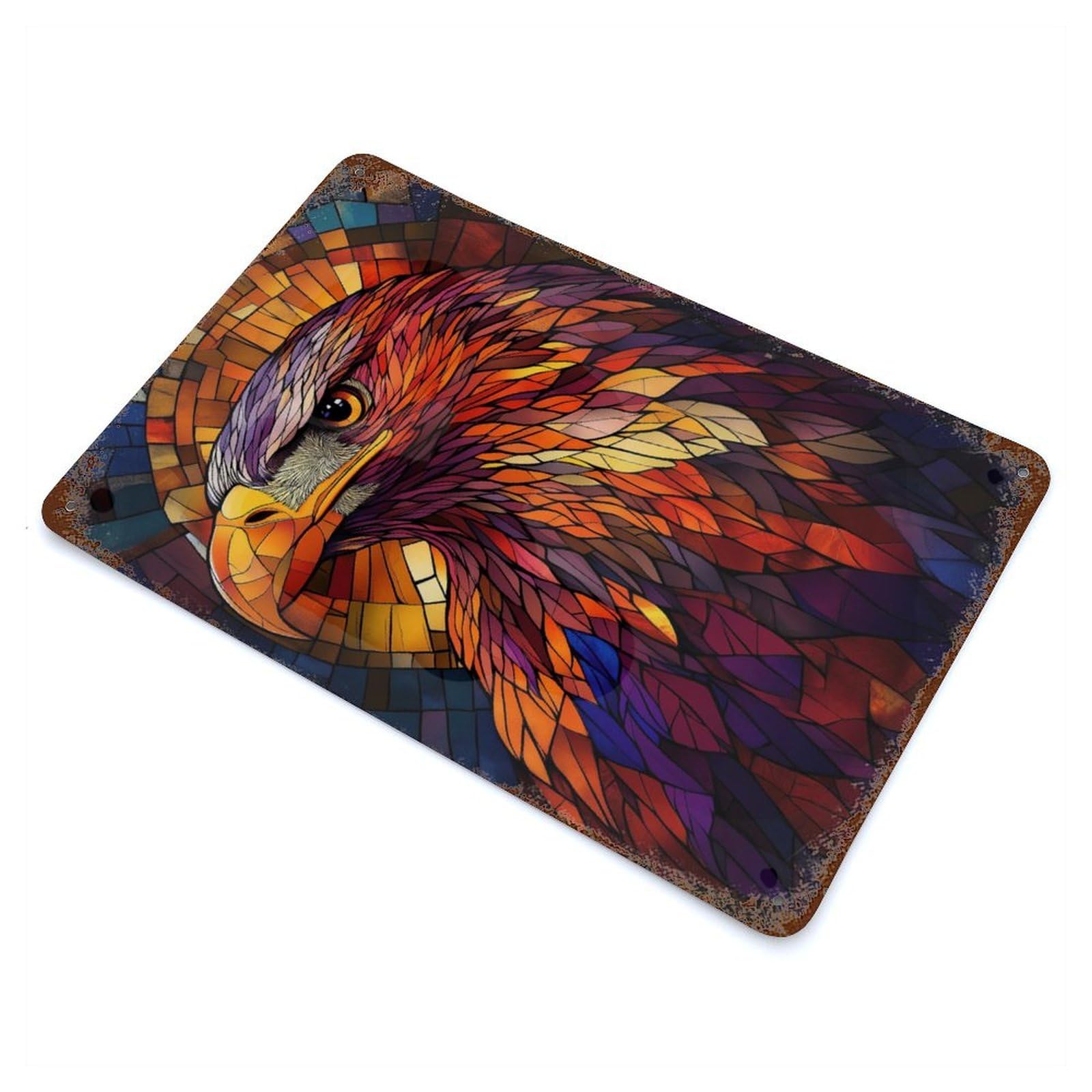 Stained Glass Eagle Rusty Metal Tin Sign 11.8"x7.9", Shabby Chic Decor for Garage, Bar And Workshop Decor