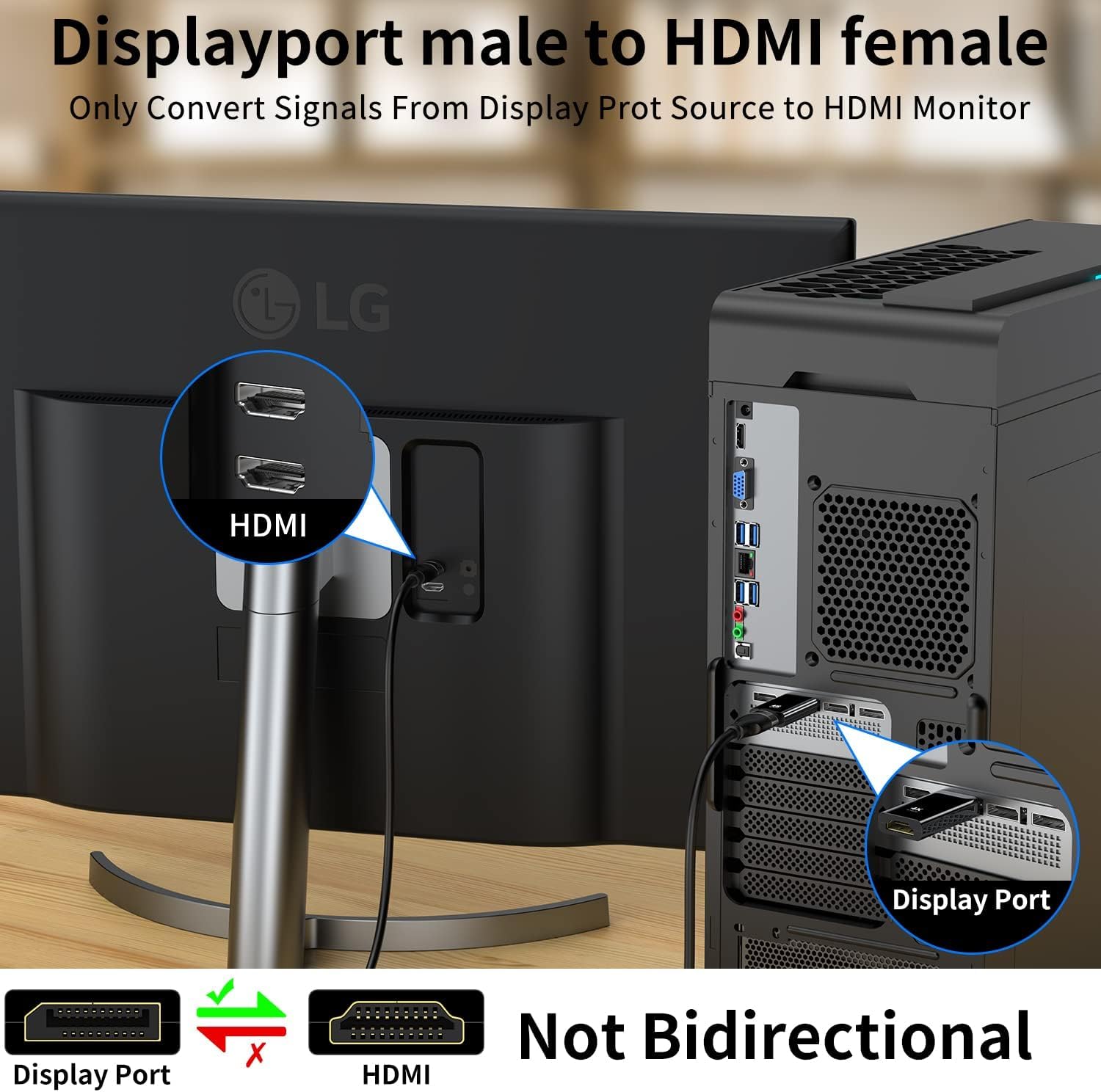 Lot de 2 adaptateurs DisplayPort vers HDMI 4K, port d'affichage unidirectionnel plaqué or, compatible avec HP, HDTV, AMD, NVIDIA, Dell, GPU, projecteur, PC, ordinateur de bureau
