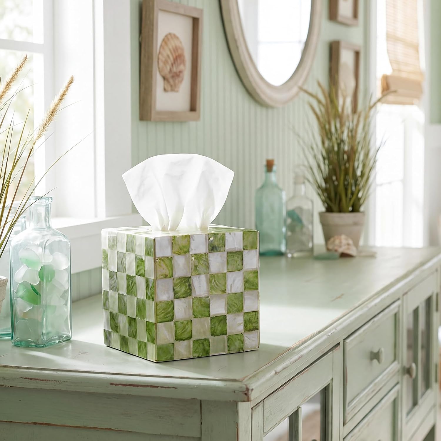 12 Pack Checkered Large Tissue Cube Boxes 3 Ply Facial Papers Large Tissues Boxes Cover Bulk Travel Size Face Facial Cube Pack Upright Face for Office Bathroom Kitchen Bedroom (Green)