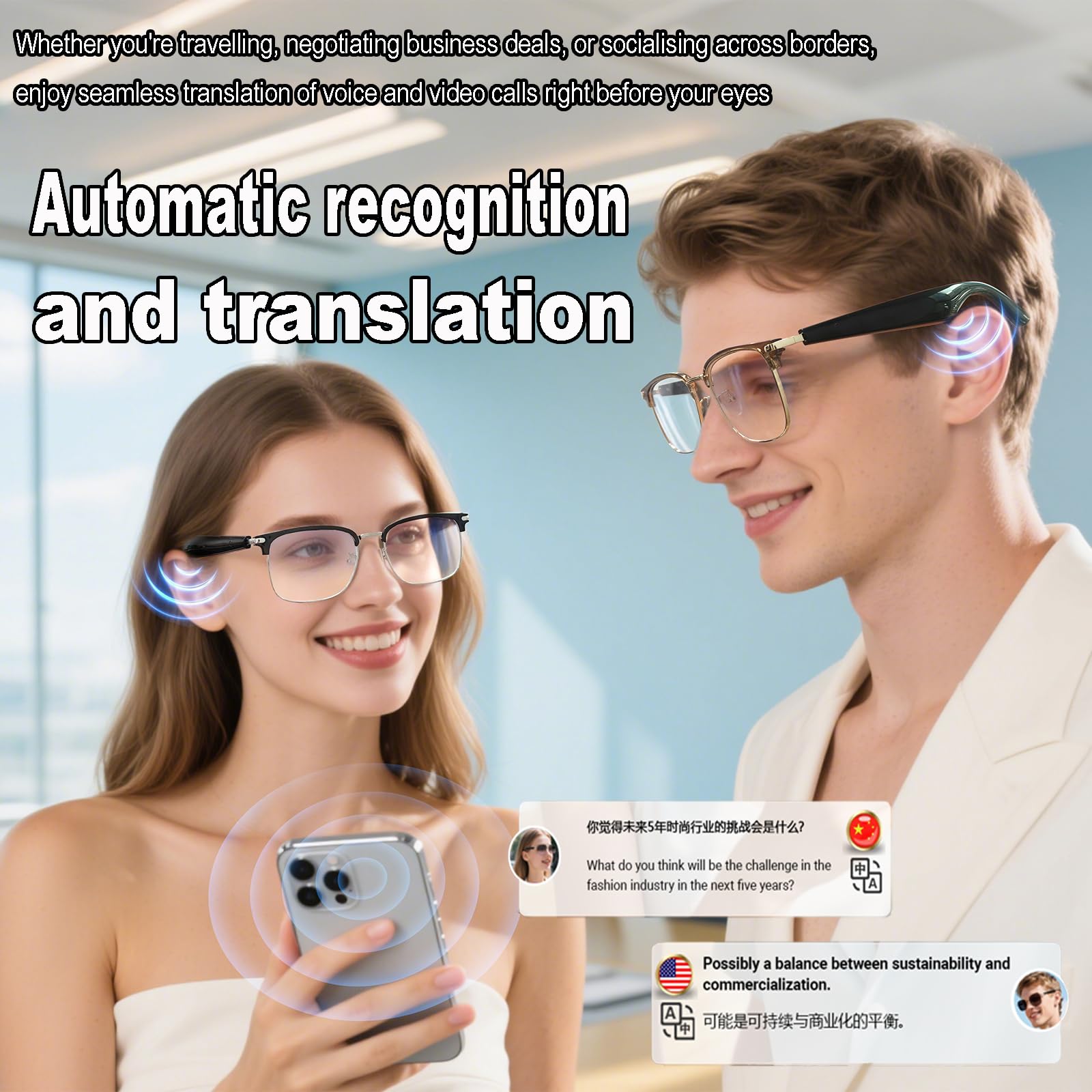 Lunettes de traduction intelligentes avec AI, lunettes Bluetooth pour homme, audio HD, traducteur en temps réel, assistant vocal, musique/appels mains libres (noir)