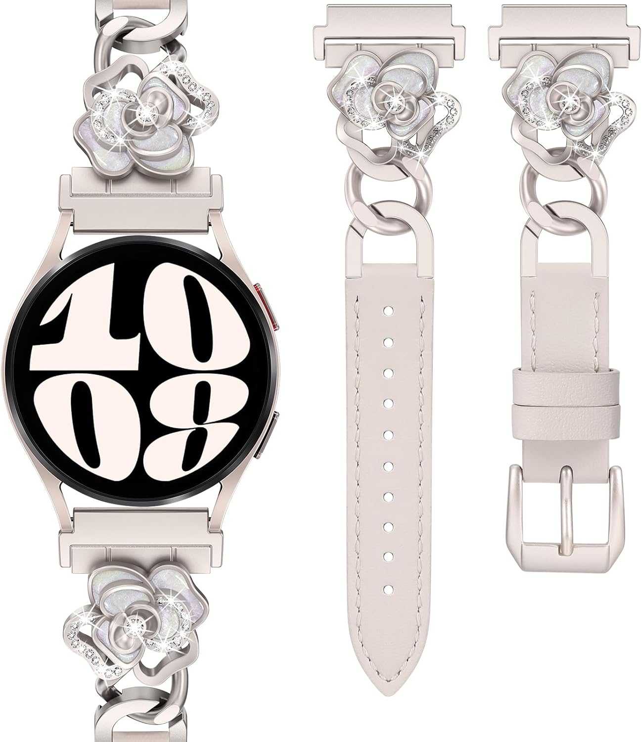 Minyee Leather Band Compatible with Samsung Galaxy Watch 7/6/5/4/FE/Active 2 40mm 44mm/Watch 6 Classic 43mm 47mm/5 Pro 45mm Women, 20mm Dressy Slim Elegant Metal Chain Strap with Bling Camellia Charms