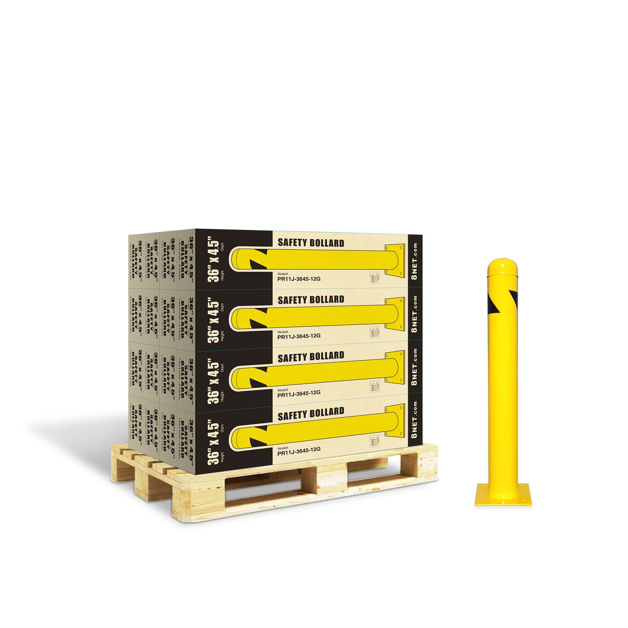 8NET 16 Pack - Safety Bollard 36''H x 4.5''D, 12Ga (2.7 mm), Base-8x8'', with 4 Free Anchor Bolts, Heavy Duty Yellow Powder Coated Safety Parking Barrier Post