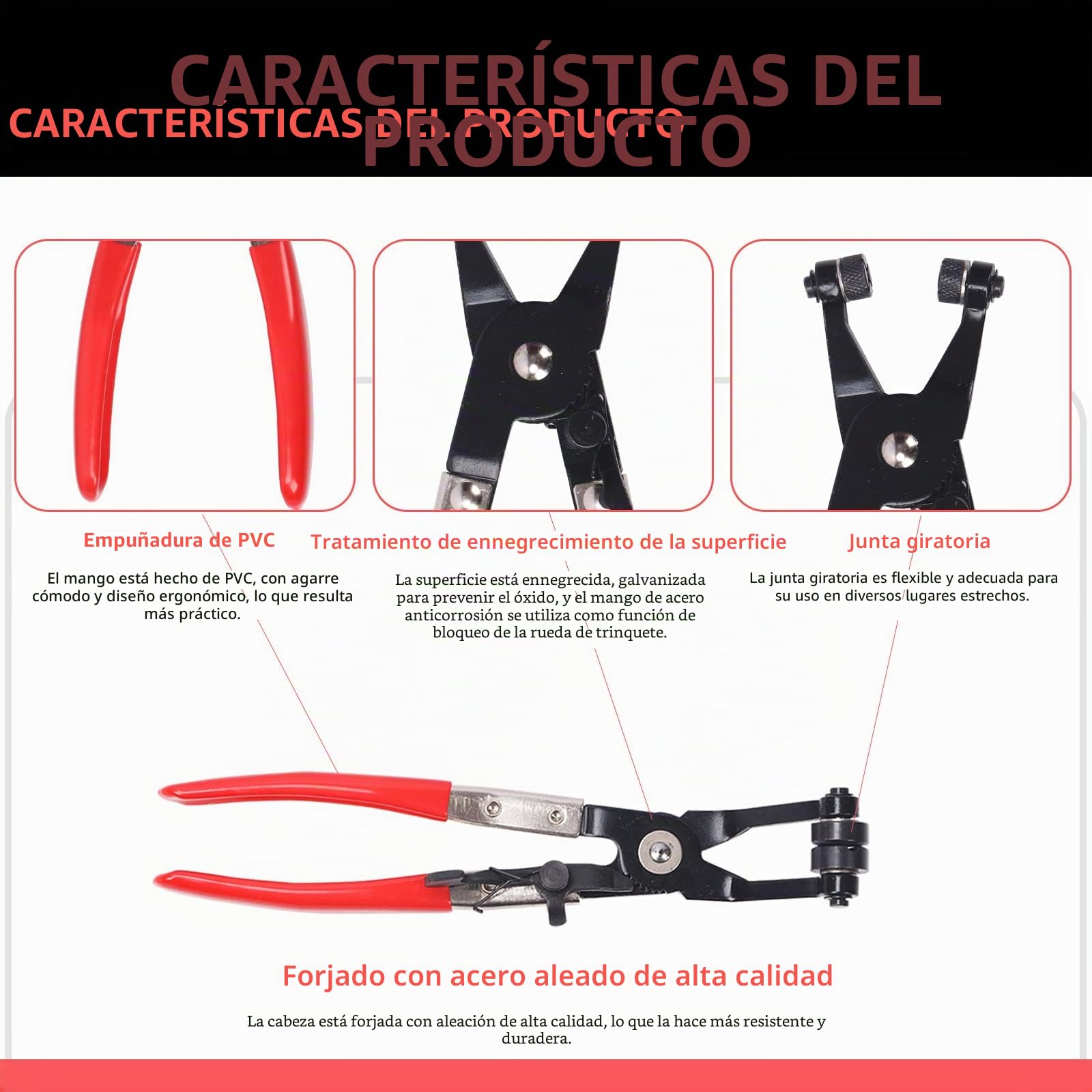 Glarks Juego de 9 Alicates de Abrazadera Flexibles Rojos - Kit de Largo Alcance para Reemplazo de Combustible, Aceite y Manguera de Agua