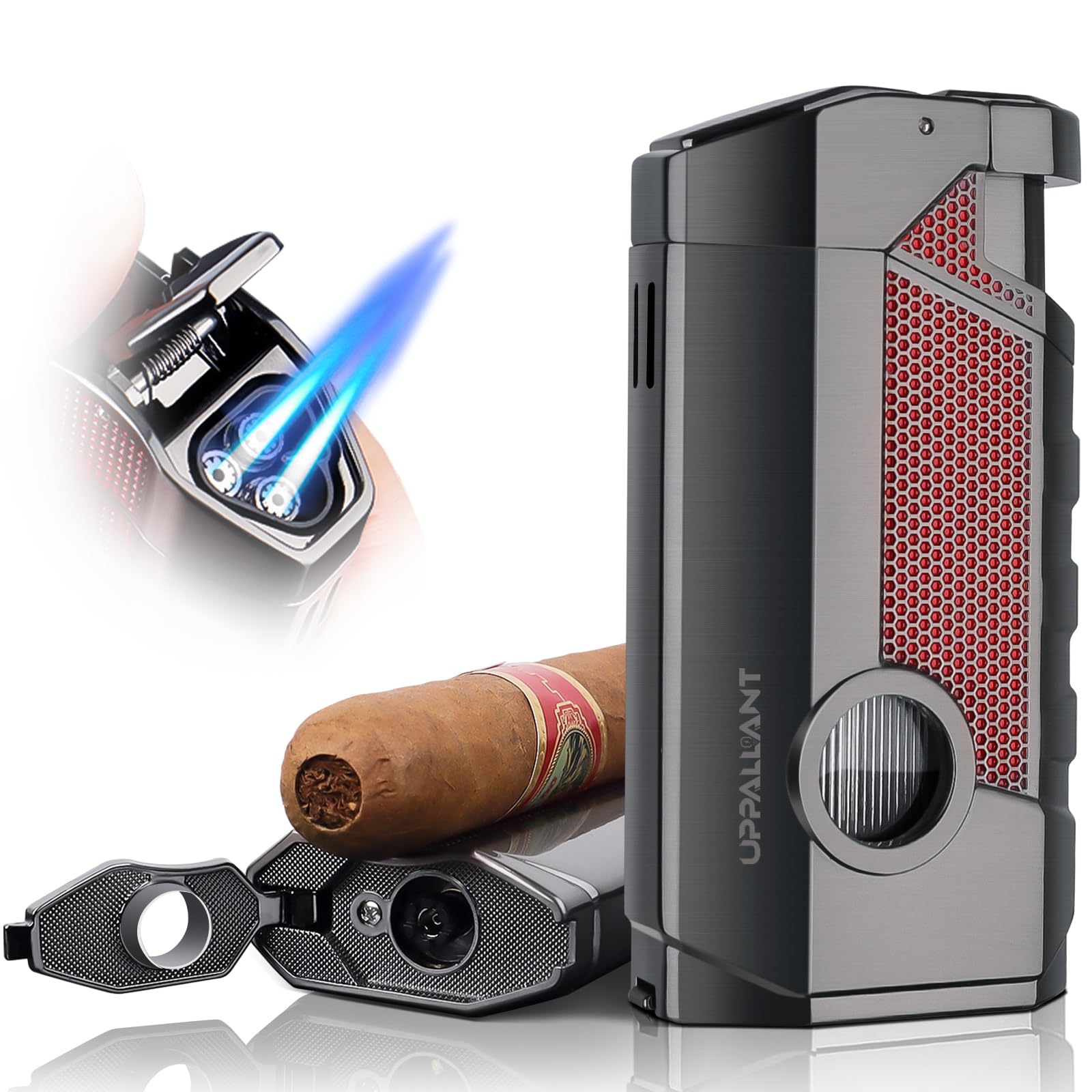 Torch Cigar Lighter with Triple Jet Flame, Built-in Cigar Punch & Cigar Holder, Cigar Gift for Christmas, Windproof Refillable Butane Torch Lighters for Men, Cool Lighters for Smoking, Outdoors