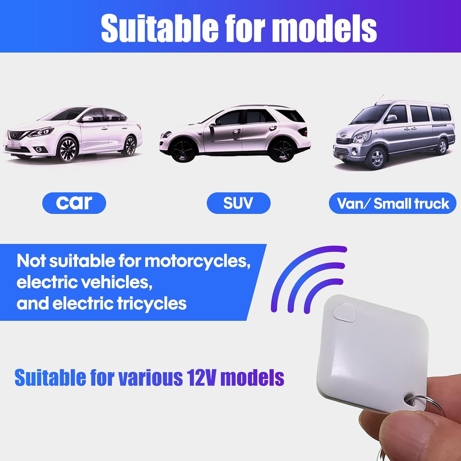 Graphic showing various car types (car, SUV, van/small truck) indicating compatibility, and a note that it's not suitable for motorcycles, electric vehicles, and electric tricycles.