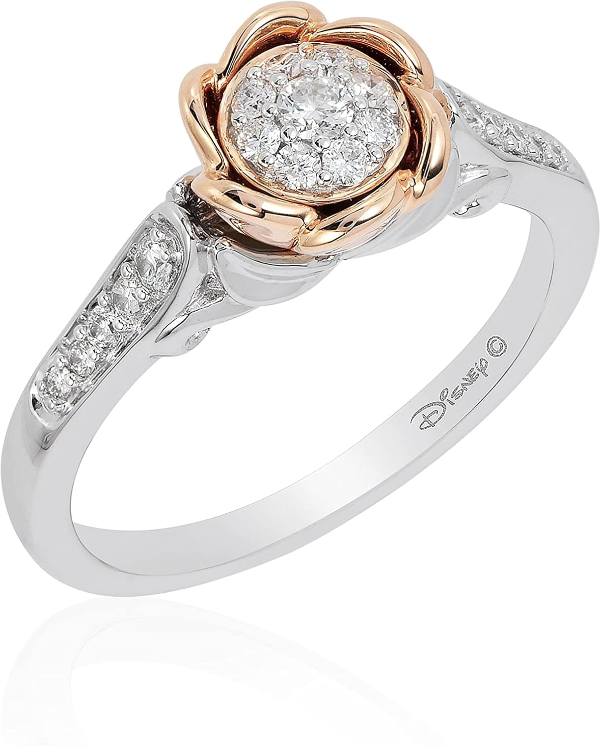 Jewelili Enchanted Disney Fine Jewelry 14K White Gold and Rose Gold 1/4 Cttw Belle Rose Engagement Ring