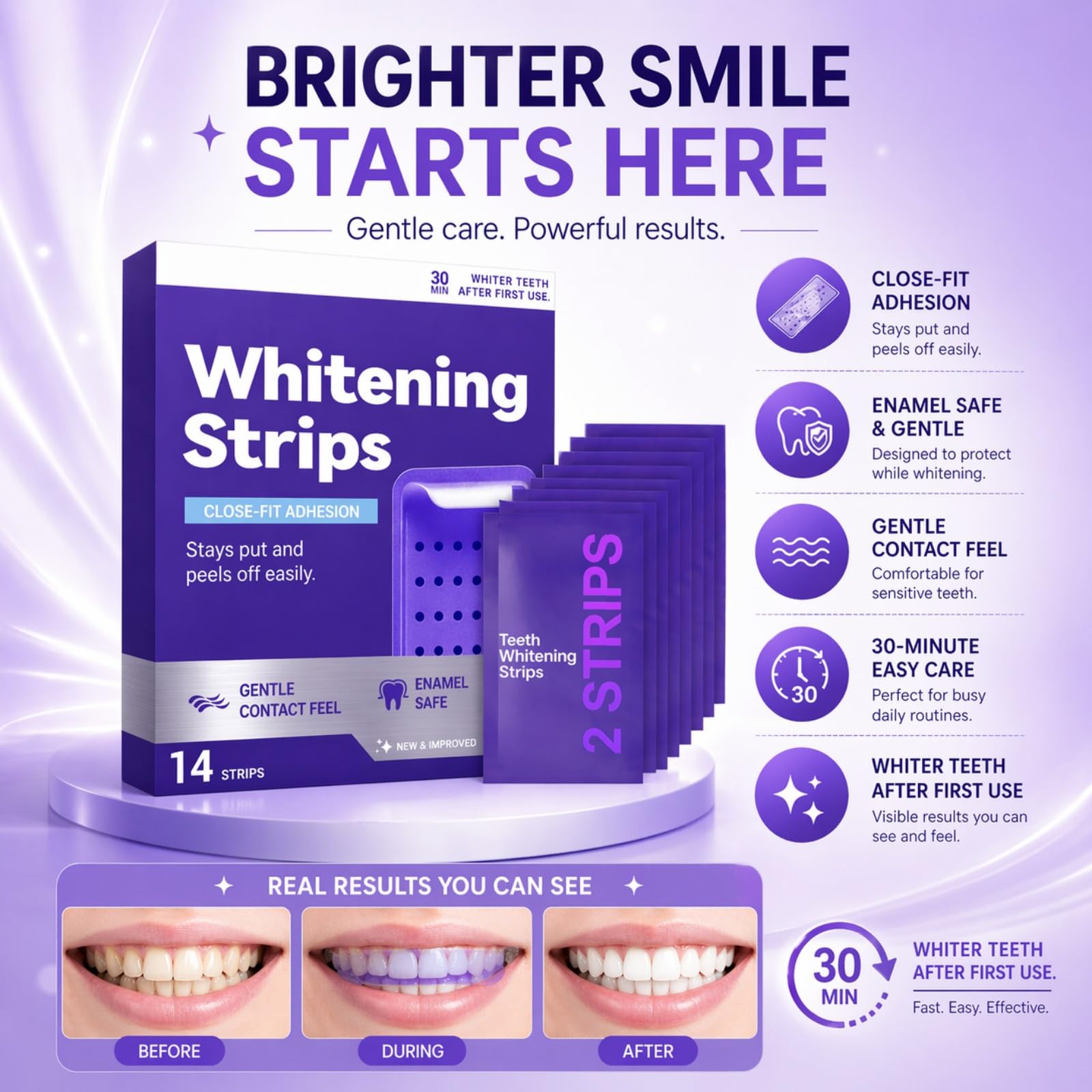 2026 New Purple Teeth Whitening Strips, Skin Tone Correcting Purple Teeth Whitening Strips, Remove Yellow Stains, Enamel Safe for Sensitive Teeth, 30-Minute Treatment, 1 Box - 14 Strips (1 box) — view 3