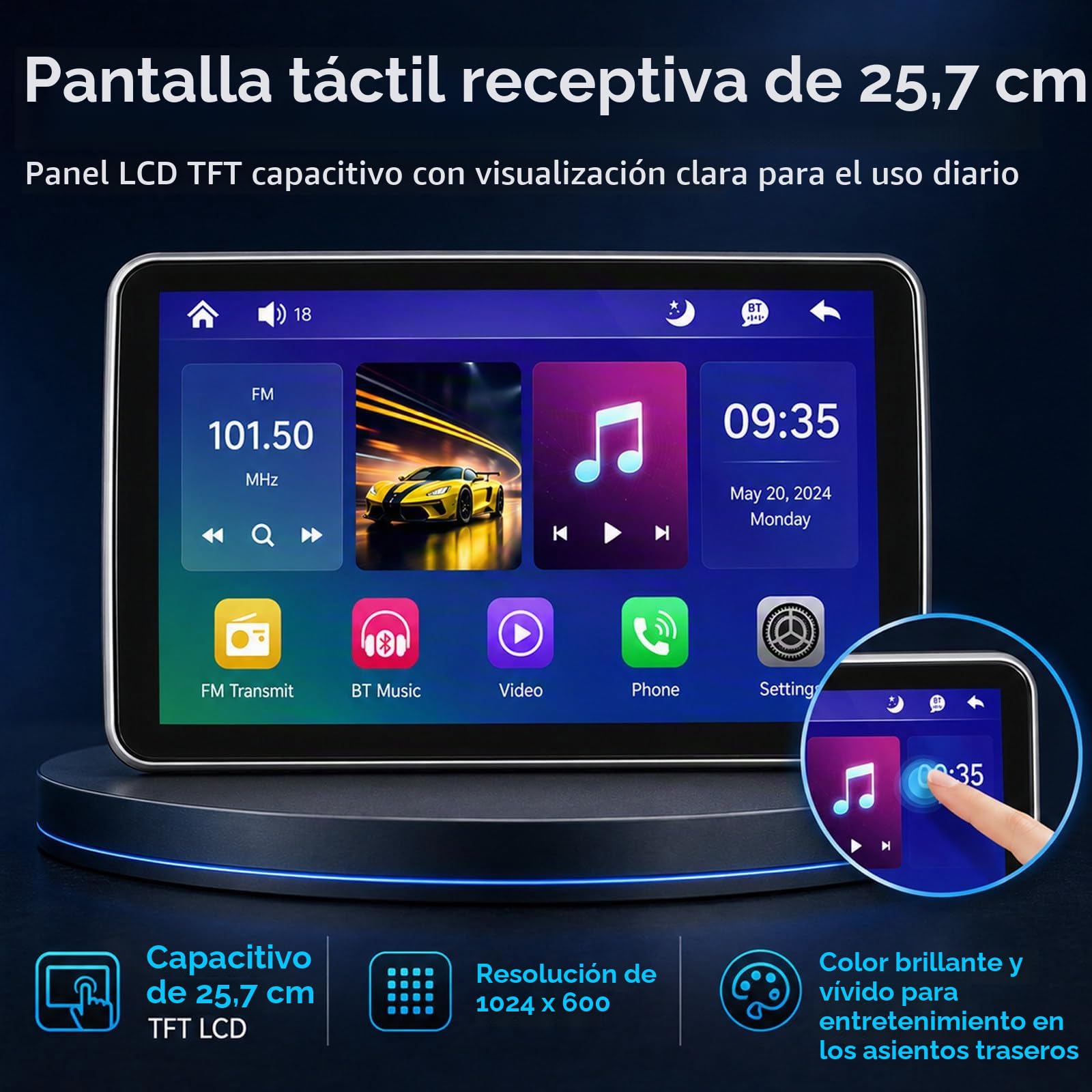 Monitor de Reposacabezas de Coche con Carplay Inalámbrico para Asiento Trasero, Pantalla Táctil IPS 10.1", Compatible con Apps de Películas, HDMI, USB, Multilingüe A