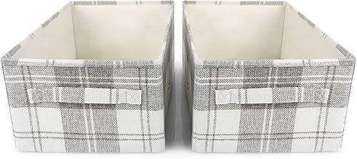 Miniatura 6 de ANMINY Juego de 2 contenedores de almacenamiento plegables de lino y algodón, con asas, tablero de plástico PP lavable, patrón a cuadros,