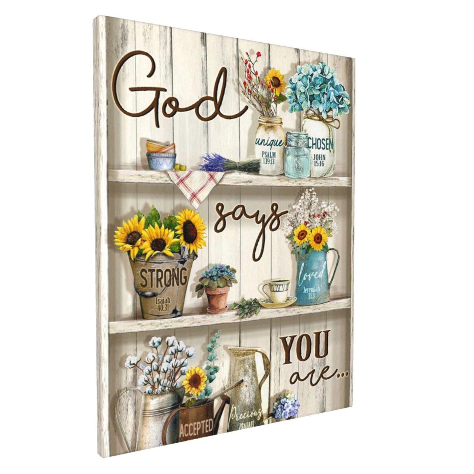 HANKCLES Inpirational Quotes Wall Art Sunflower Canvas God Says You Are Unique Strong loved Flower Painting Giclee Matte Prints Home Decor For Bedroom Living Room Bathroom Kitchen Office 12x16 Inch