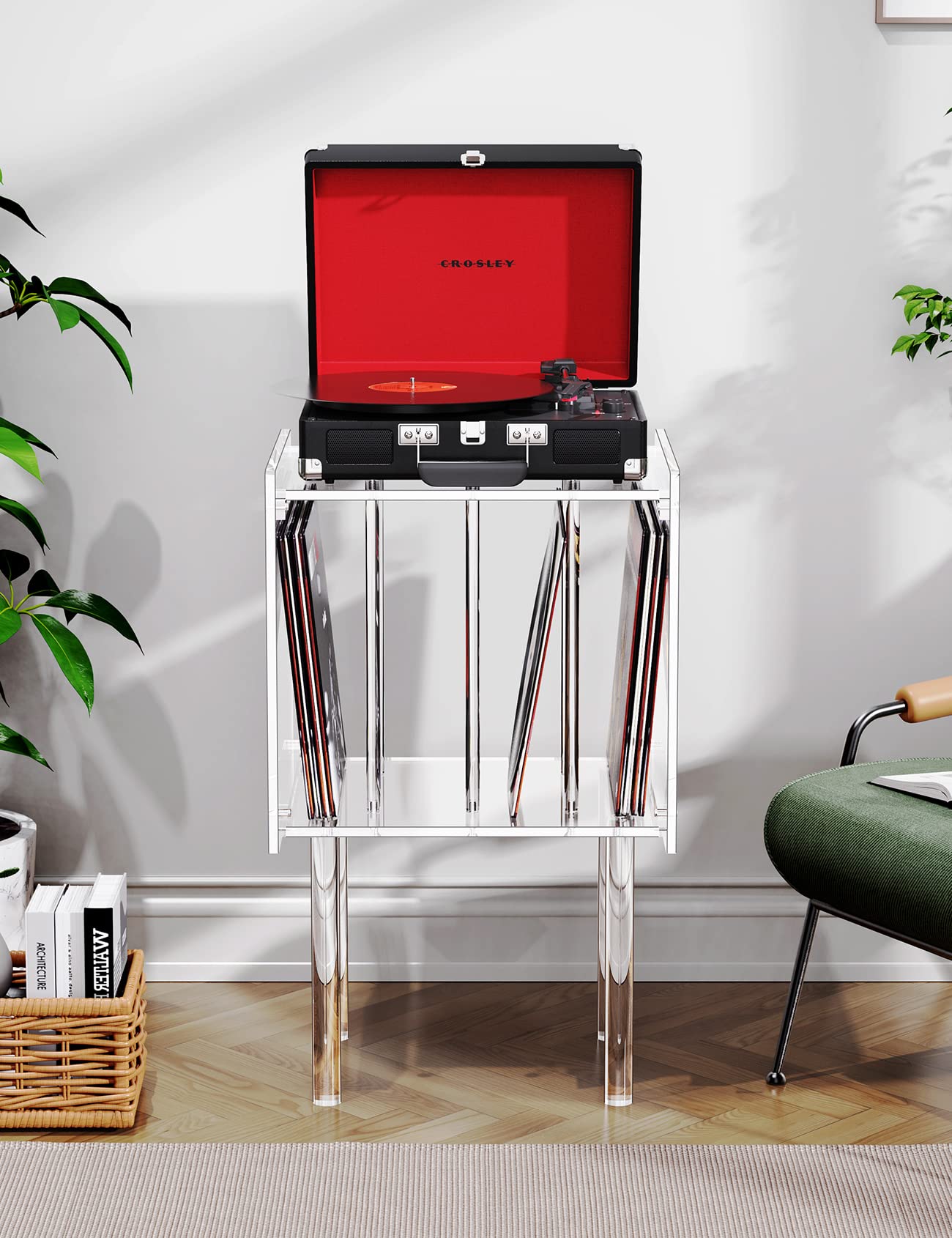 Tocadiscos acrílico para mesa, soporte para almacenamiento de discos de vinilo, con almacenamiento de discos, transparente