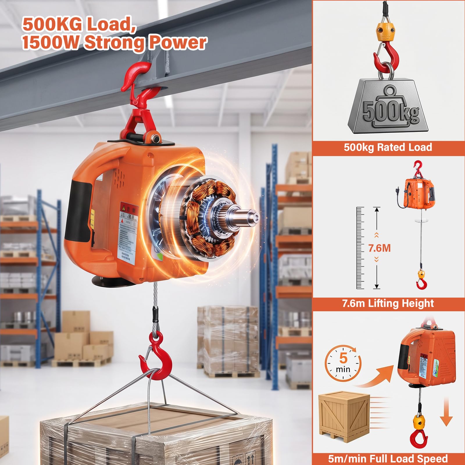 Elektrische Seilwinde 500kg, Elektrischer Seilzug mit Funkfernbedienung | 1500W Elektro Seilzug mit Kabel-/Funkfernbedienung, 7,6m Hubhöhe, für Garage, Lager, Baustelle, Ziehen, Heben, Bewegen