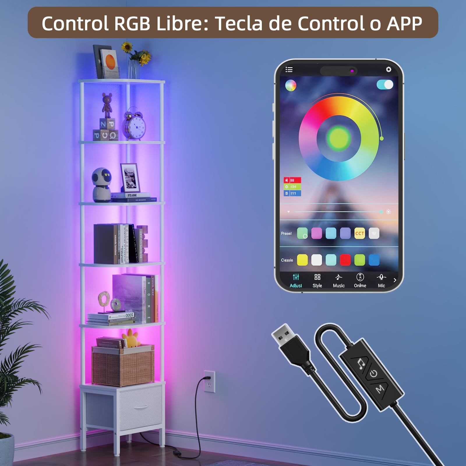 Librería de Esquina con Cajón y Luz LED, Estantería Alta de 6 Baldas (191 cm), Estrecha para Salón o Dormitorio, Cajón de Tela, Blanco