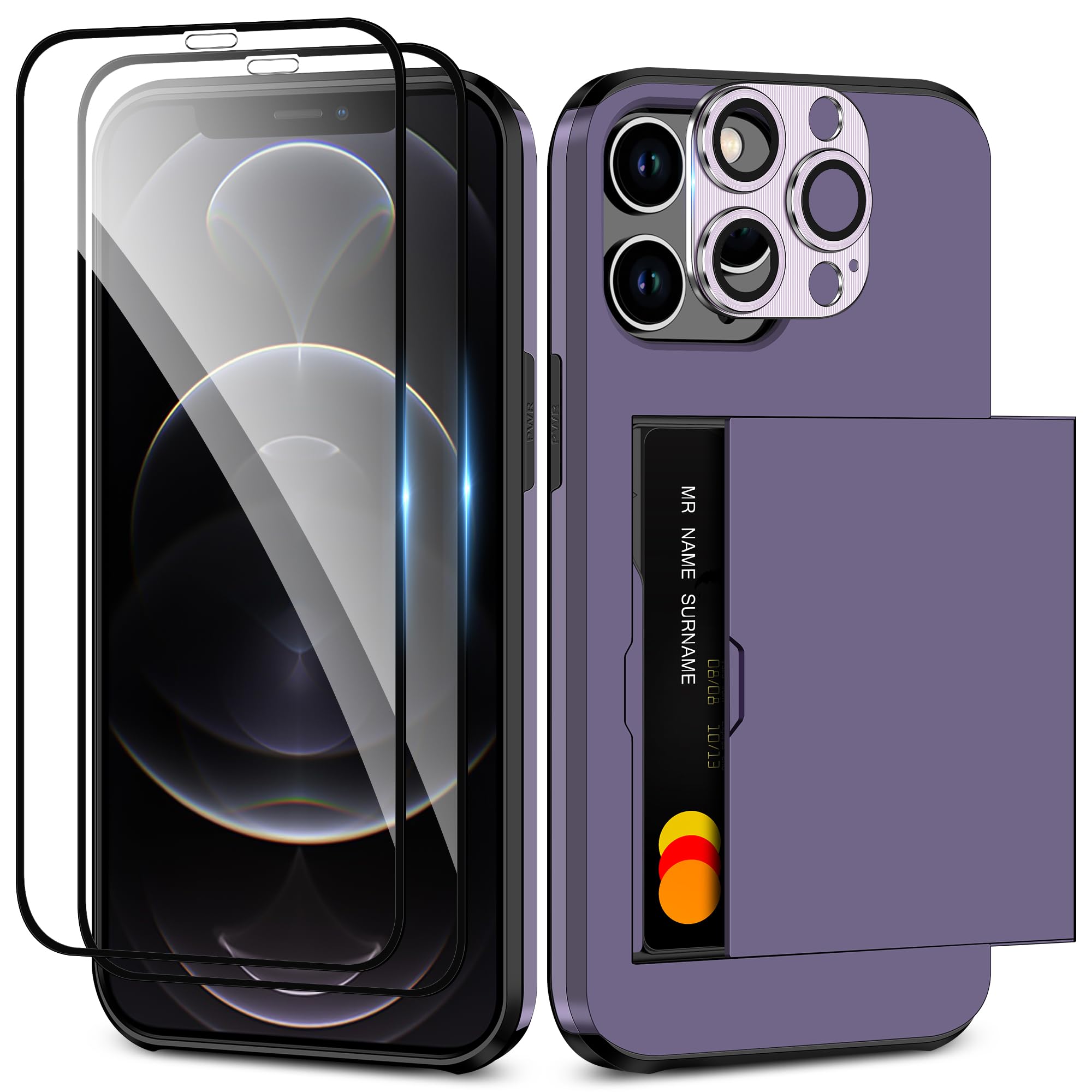 Cooldenfor iPhone 12 Case iPhone 12 Pro Case with Card Holder 2 Screen Protector + 1 Camera Lens Protector Heavy Duty Protective Case Shockproof Wallet Case Cover for iPhone 12 Phone Case-Purple