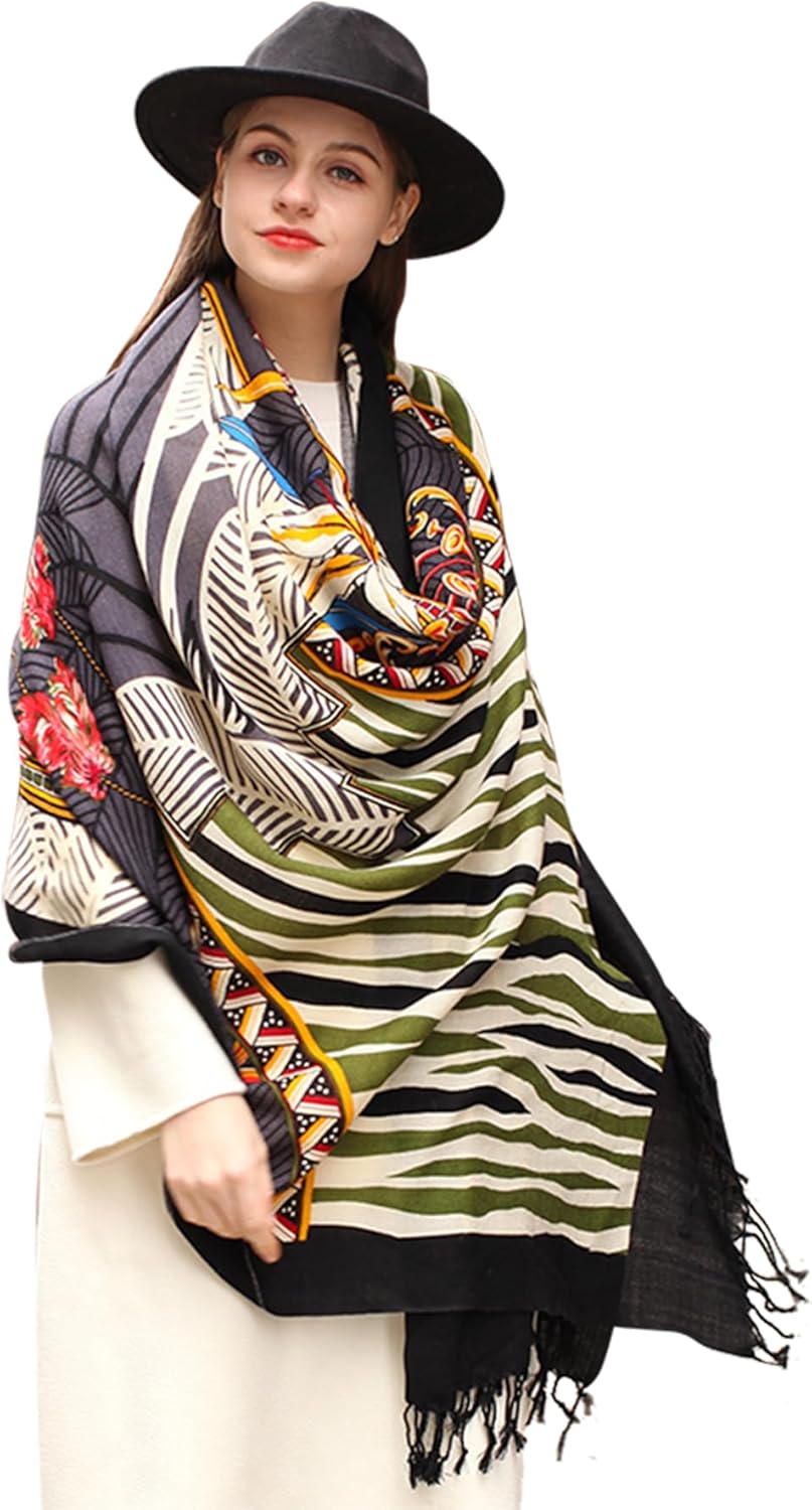 DANA XU 100% Merino Wool Extra Large Pashmina Blanket Travel Scarf Cashmere Wrap for Women Fall Winter Oversize Shawl Floral