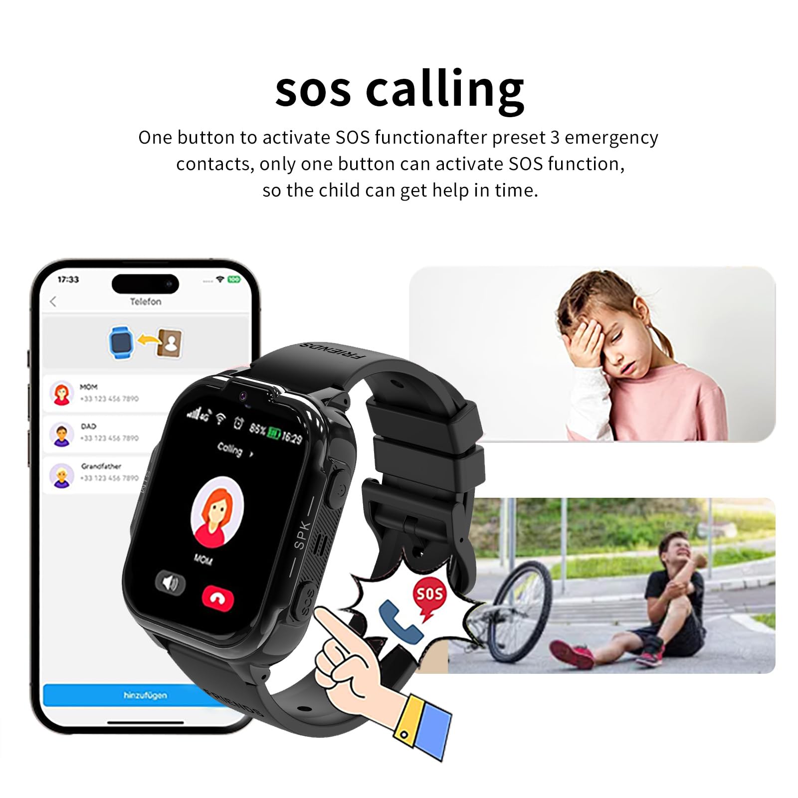Smartwatch Bambini 4G, Orologio Smartwatch Bambini con Video HD e Chiamate, Touch Screen da 1,83 Pollici, SOS, GPS, Giochi, Modalità Classe, Regalo per Ragazzo e Ragazza 4 ai 14 Anni (Nero)