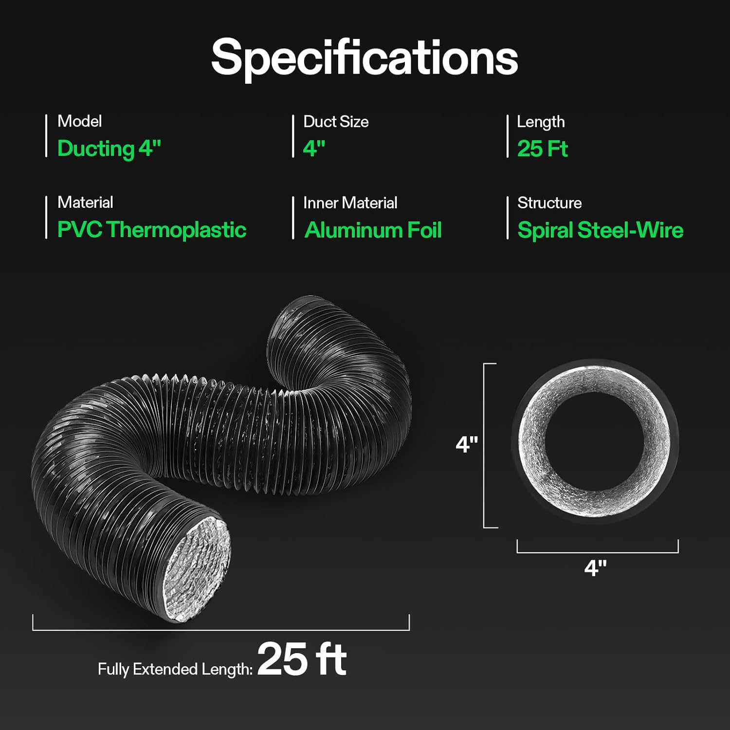 VIVOSUN 4'' Flexible Aluminum Duct, 25 FT Long Heavy-Duty Multi-Layer Air Hose for HVAC Ventilation, Dryer Vent Hose for Grow Tents and Duct Fan Systems, 2 Clamps Included