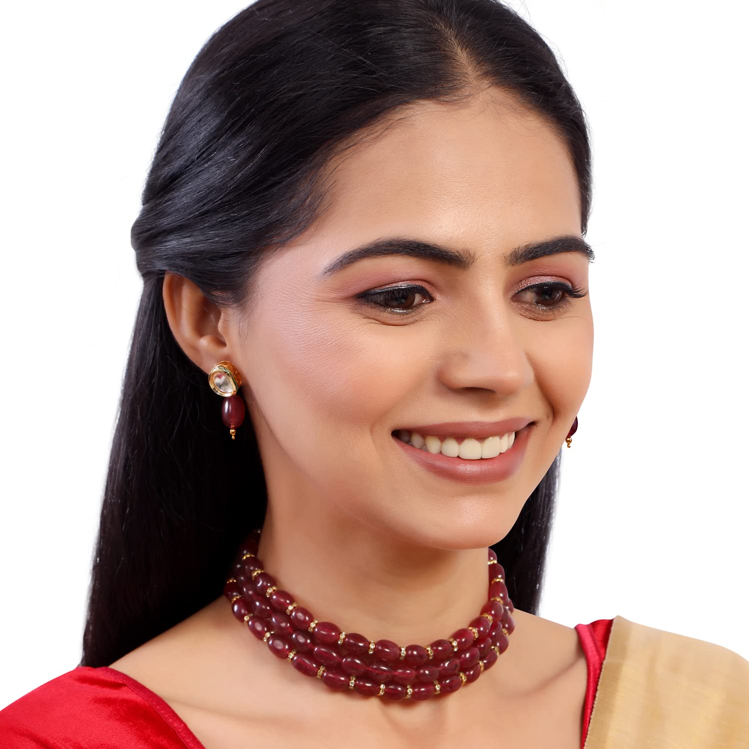 Women's Statement Beads Choker Necklace & Delicate Kundan Earrings Set, Gift-Ready