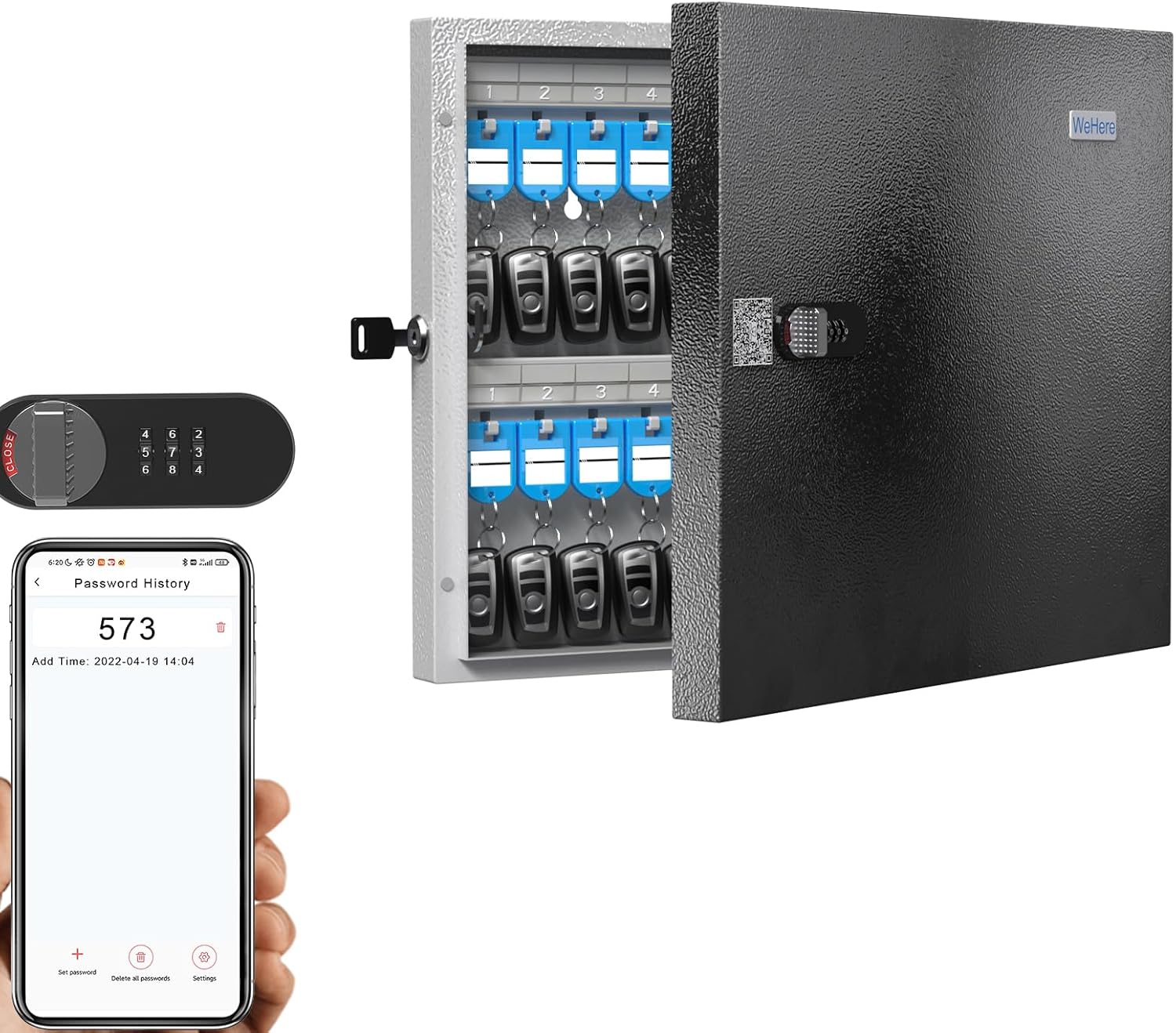 WeHere 48 Key Lock Box, Key Cabinet with Combination Lock & Key Tags & Magnetic Closure, Key Organizer Wall Mount Lockbox, Key Security Storage for Garage,Office,Holtel,Home