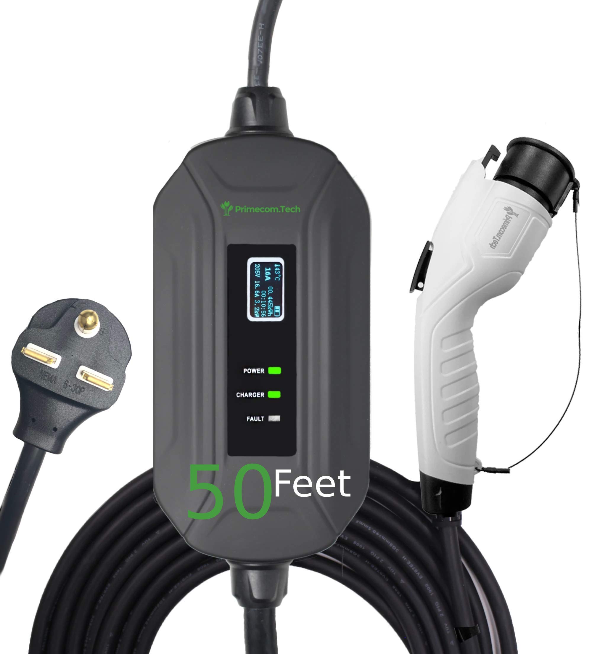 PRIMECOM Level 2 Electric Vehicle (EV) Charger (220V / 240Volt, 16Amp) Portable EVSE Smart Electric Car Charger, 30', 40', and 50 Feet Lengths (NEMA 6-30P, 50 Feet)