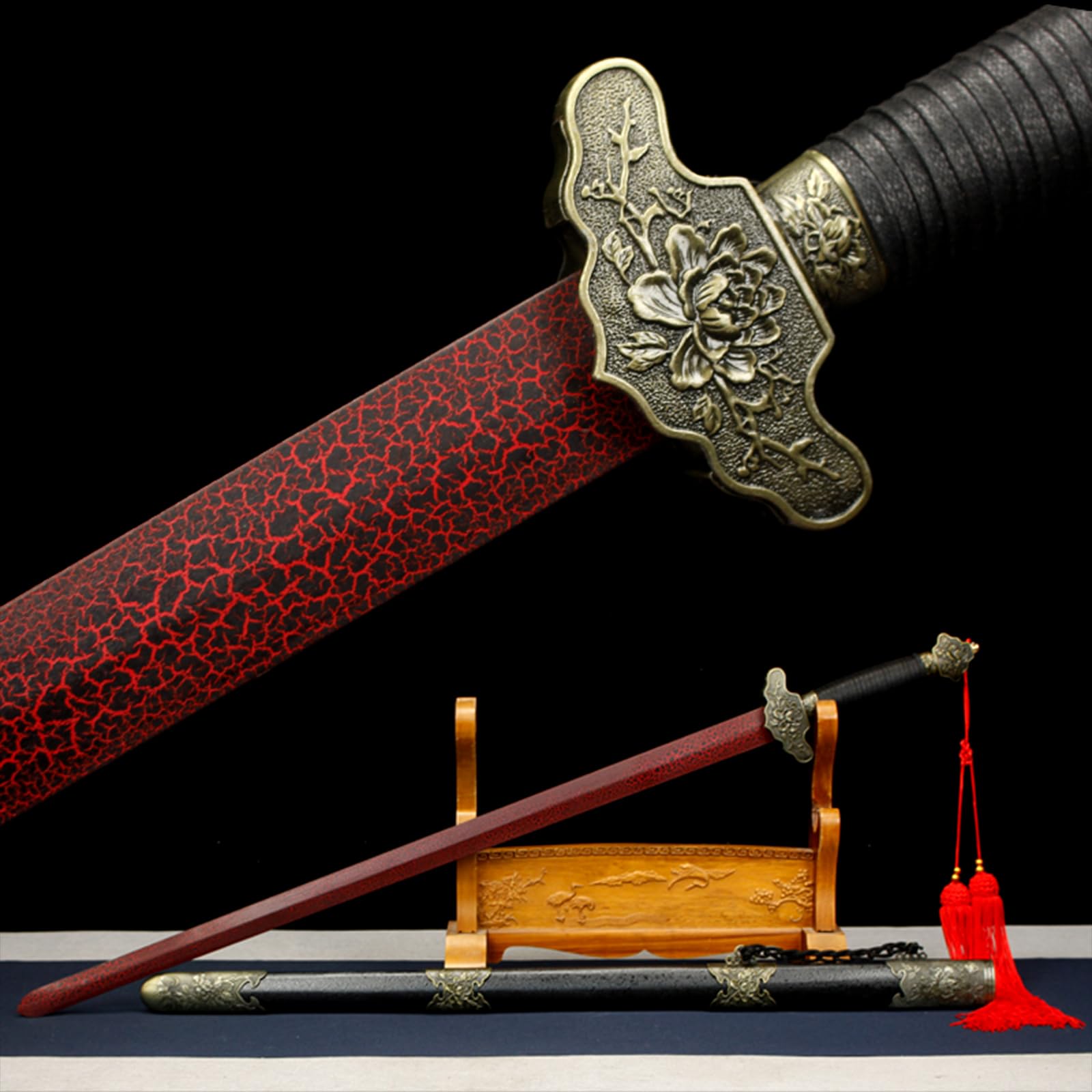 Espadas Tai Chi de Madera con Flores de Peonía, Espada Entrenamiento de Bambú Natural con Vaina, Katana de Madera, Bokken Hecho a Mano 103cm para Cosplay y Artes Marciales