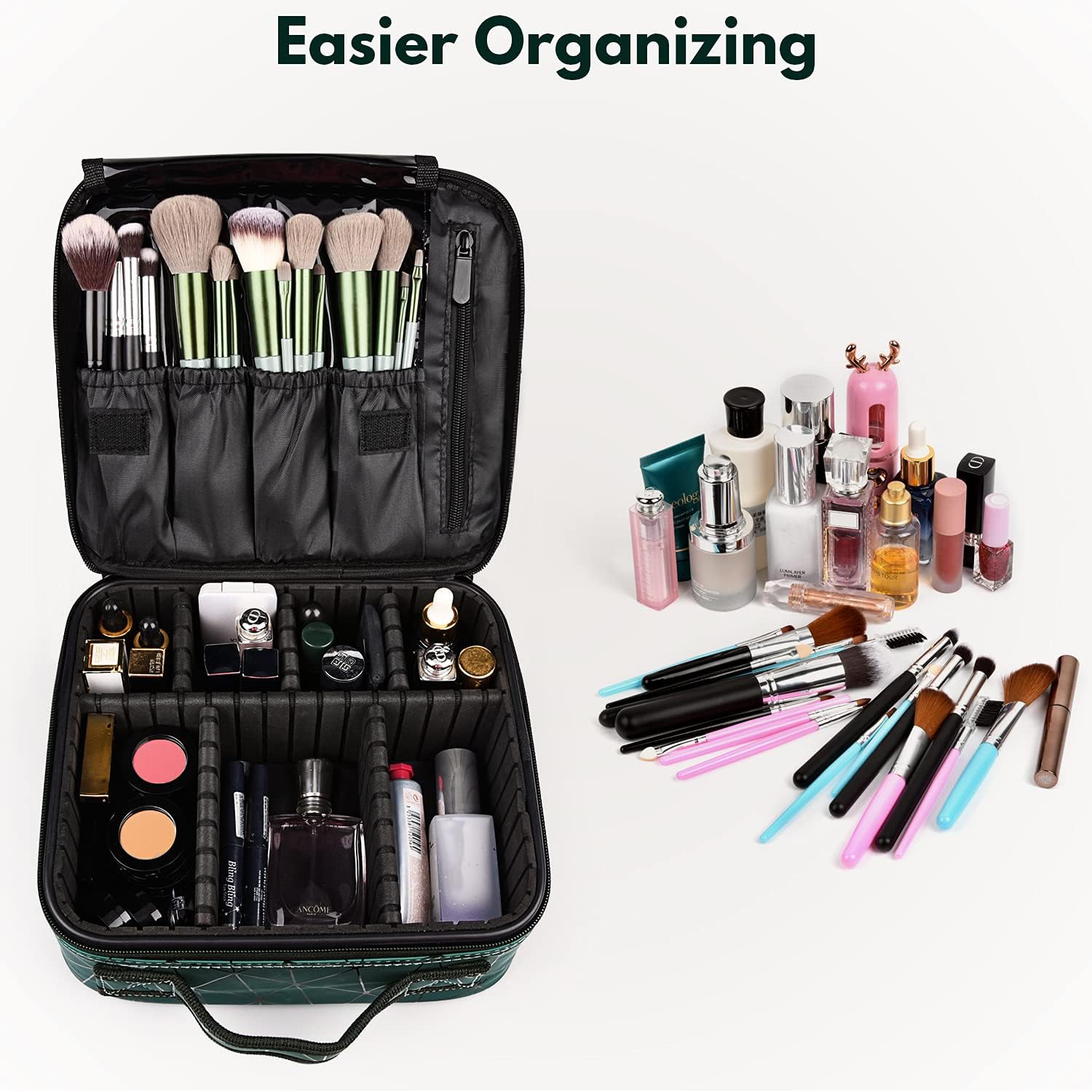 Travel Makeup Case PU Leather Professional Cosmetic Train Cases Artist Storage Bag Make Up Tool Boxes Brushes Bags With Compartments Waterproof Detachable Vanity Organizer,Diamond Shape Pattern(Green) : Beauty & Personal Care