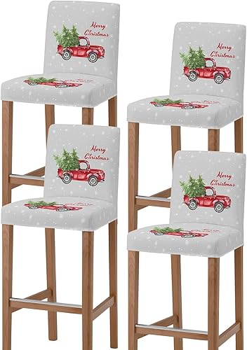 Bar Stool Cover with Back - Stretch Washable Chair Covers Merry Christmas Red Truck and Xmas Tree Chairs Slipcover for Kitchen Pub Dining Room Cafe,