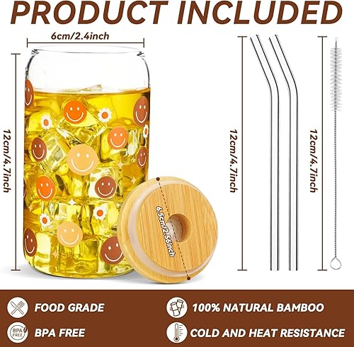 Miniatura 2 de gisgfim 2 tazas de café helado con cara sonriente, tazas de vidrio bohemias con popote y tapas de bambú, 16 onzas, vasos retro reciclados para té,