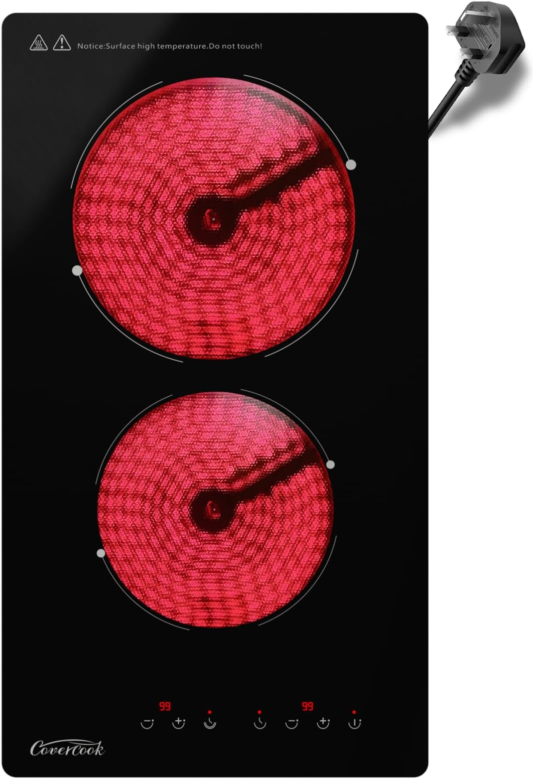 COVERCOOK Plug in Ceramic Hob 2 Zone, Built-in Electric Hob 30cm with Touch Control, Domino Portable Electric Ceramic Hob 2 Ring, 2900W, 9 Power Levels, Timer, Residual Heat Indicator, Black