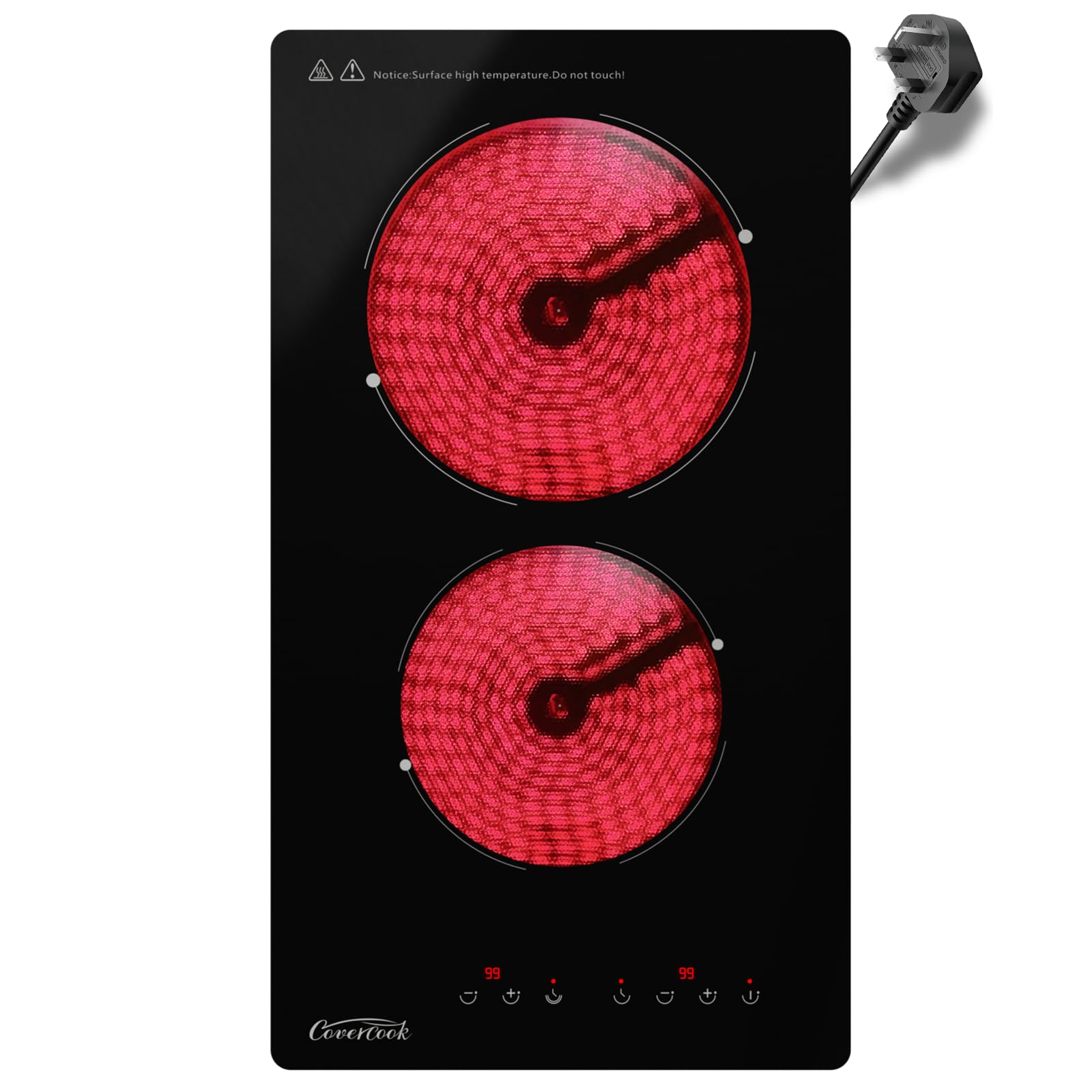 COVERCOOK Ceramic Hob 30cm, Plug in 2 Zones Electric Hob, Domino Cooktop for All Pots, Black Glass Smooth Worktop, Touch Control, Timer, 2900W