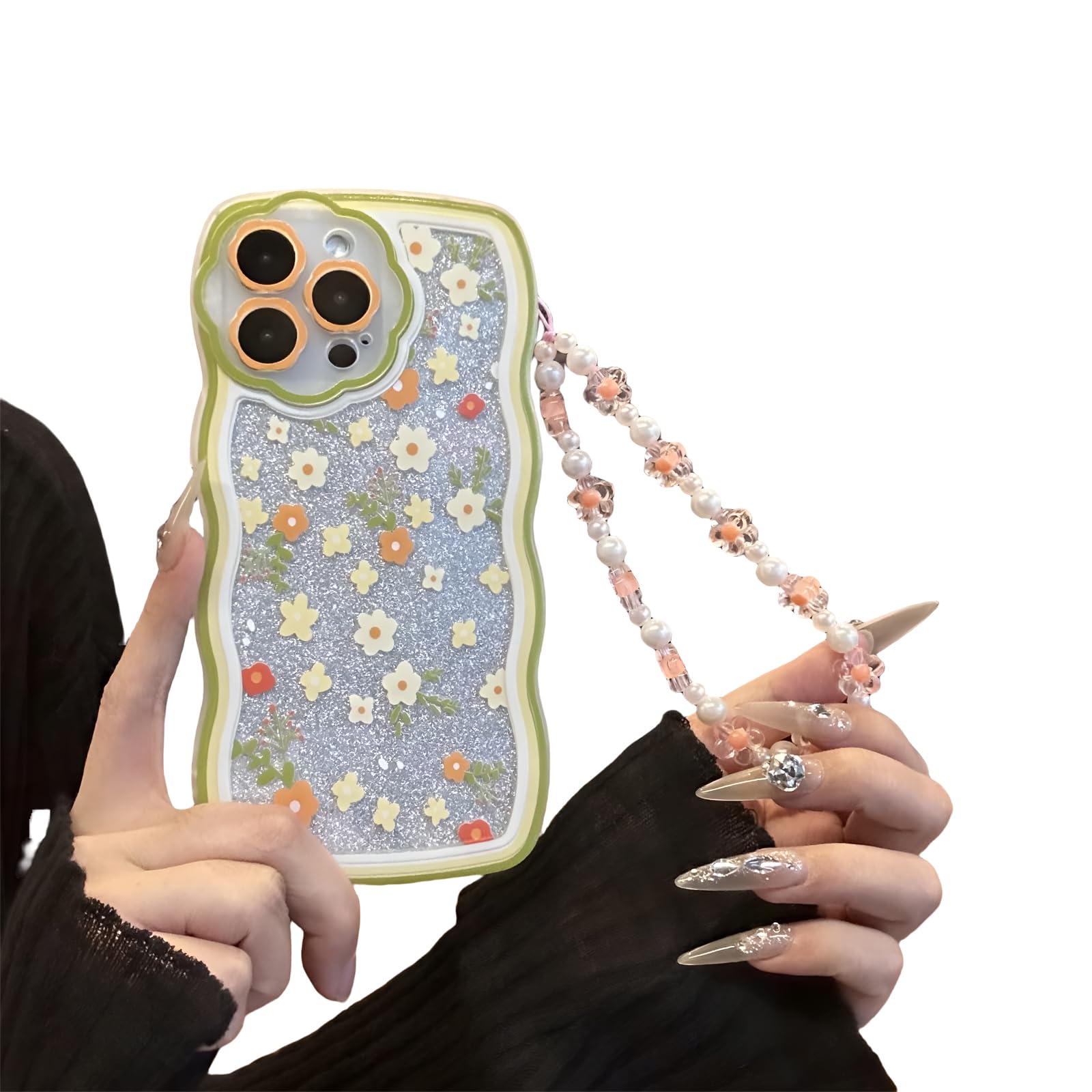 Compatible with iPhone 12 Pro Max Case,Floral Flowers Pattern Wavy TPU Soft Case[with Beads Wrist Strap Bracelet Chain and Glitter Cardstock] for