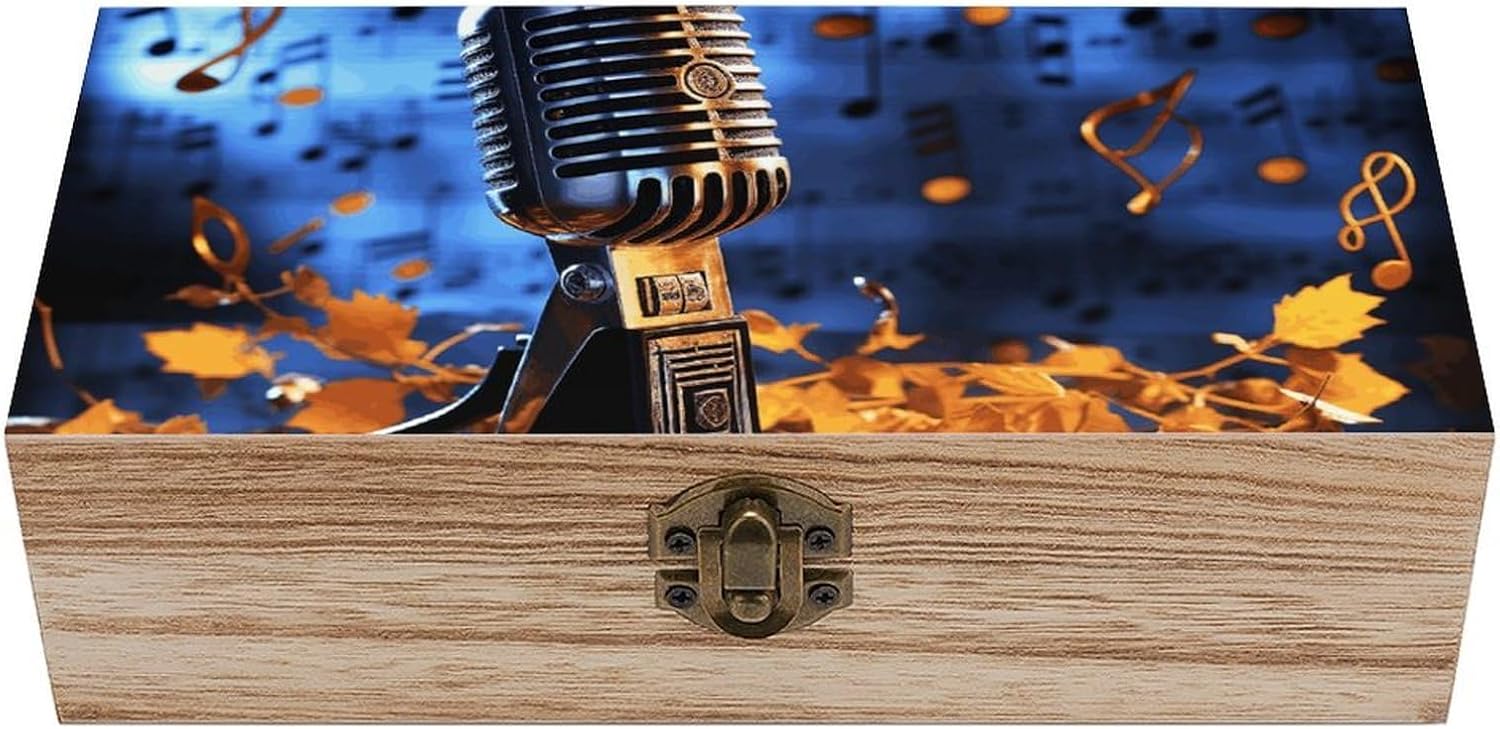 Wooden Storage Box Microphone with Music Notes Wood Gift Box with Hinged Lid Vintage Decorative Jewelry Boxes Memory Box for Jewelry Art Hobbies Home Storage Treasure Keepsake Gift 7.9''x3.9''x2.3''