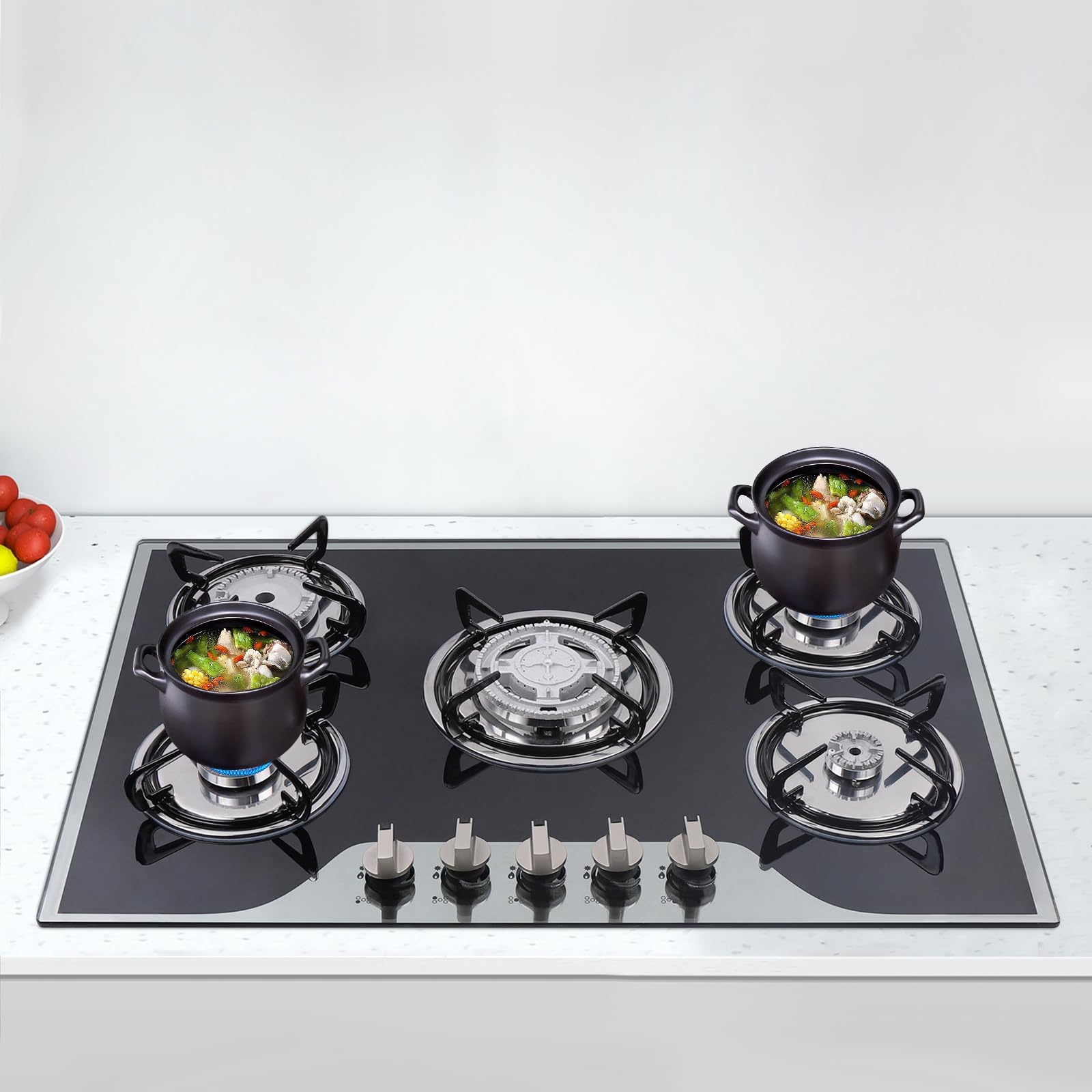 Piano cottura a gas a 5 fuochi con vetroceramica, fornello a gas con protezione automatica della fiamma e accensione elettronica, piano in vetro facile da pulire, per uso domestico/cucina, compatibile