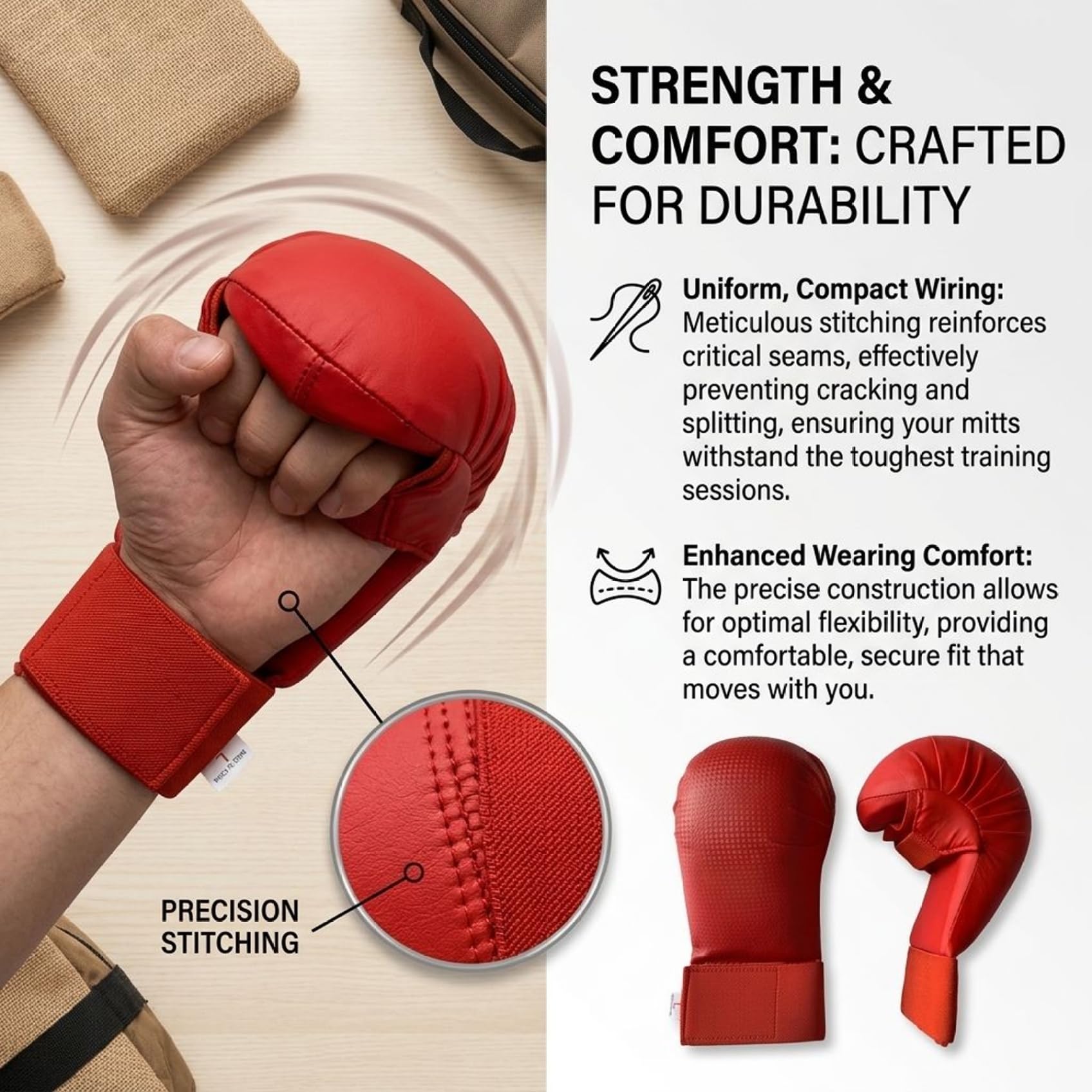 Guanti da Karate Guanti da Taekwondo in Pelle Premium per Adulti e Bambini da Allenamento per Sparring, Sacco da Boxe, Taekwondo e Pratica, Rosso, S