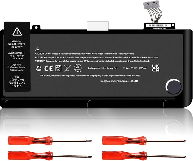 A1322 Battery for MacBook Pro 13'' A1278 (Mid 2009, Mid 2010, Early and Late 2011, Mid 2012 Version) MB990LL/A MC374LL/A MC700LL/A MD314LL/A, Four Screwdrivers - [66.6Wh/6000mAh]