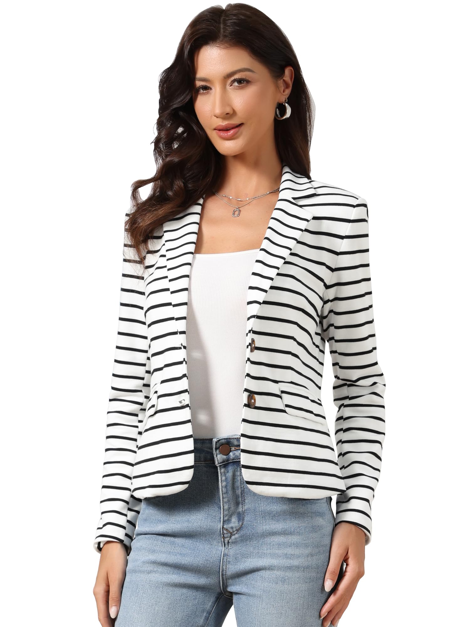 Allegra K Veste Blazer à Manches Longues et col Rabattu boutonné à Rayures pour Femme