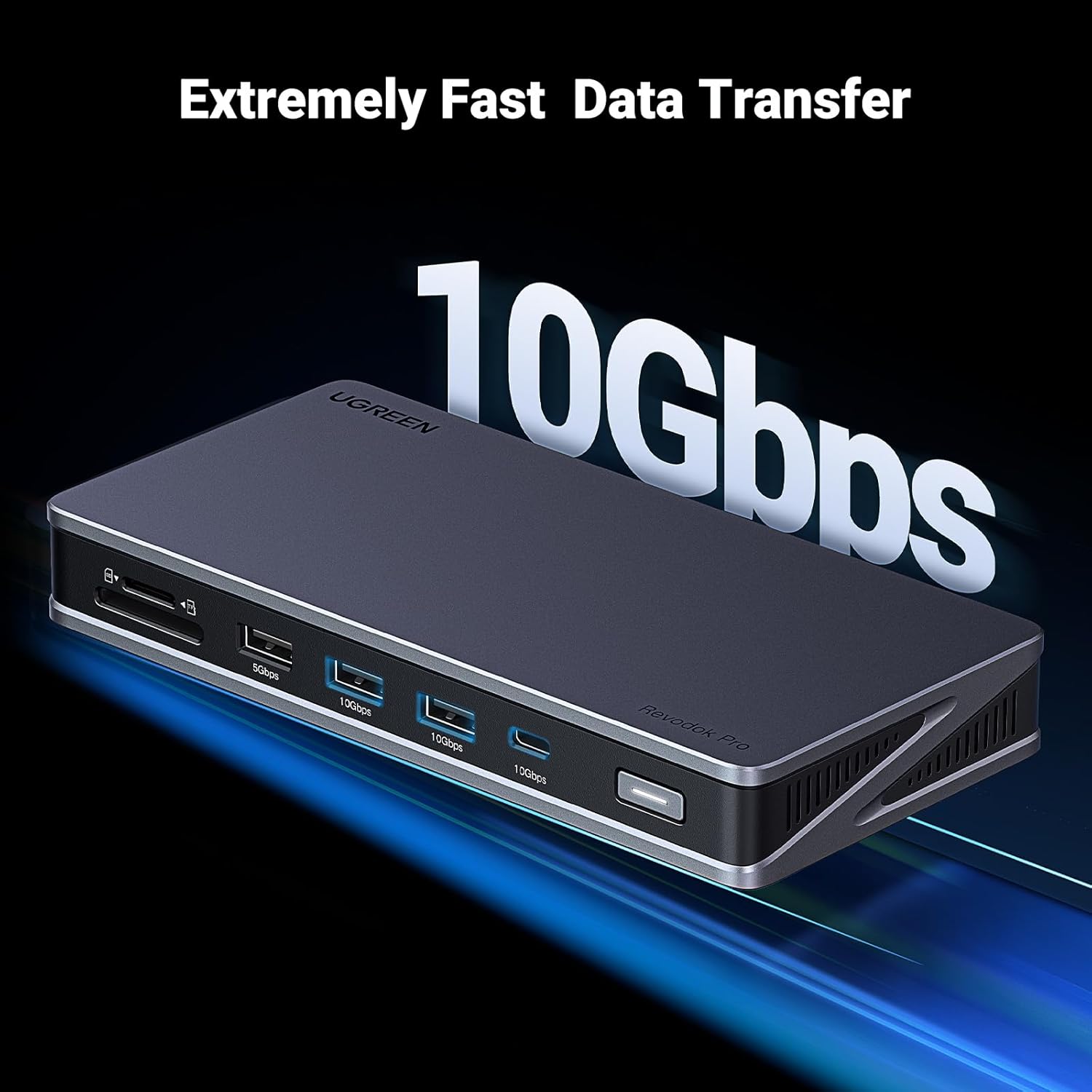 Image showing the UGREEN Revodok Pro 2101 docking station with a visual representation of 10Gbps data transfer speed.