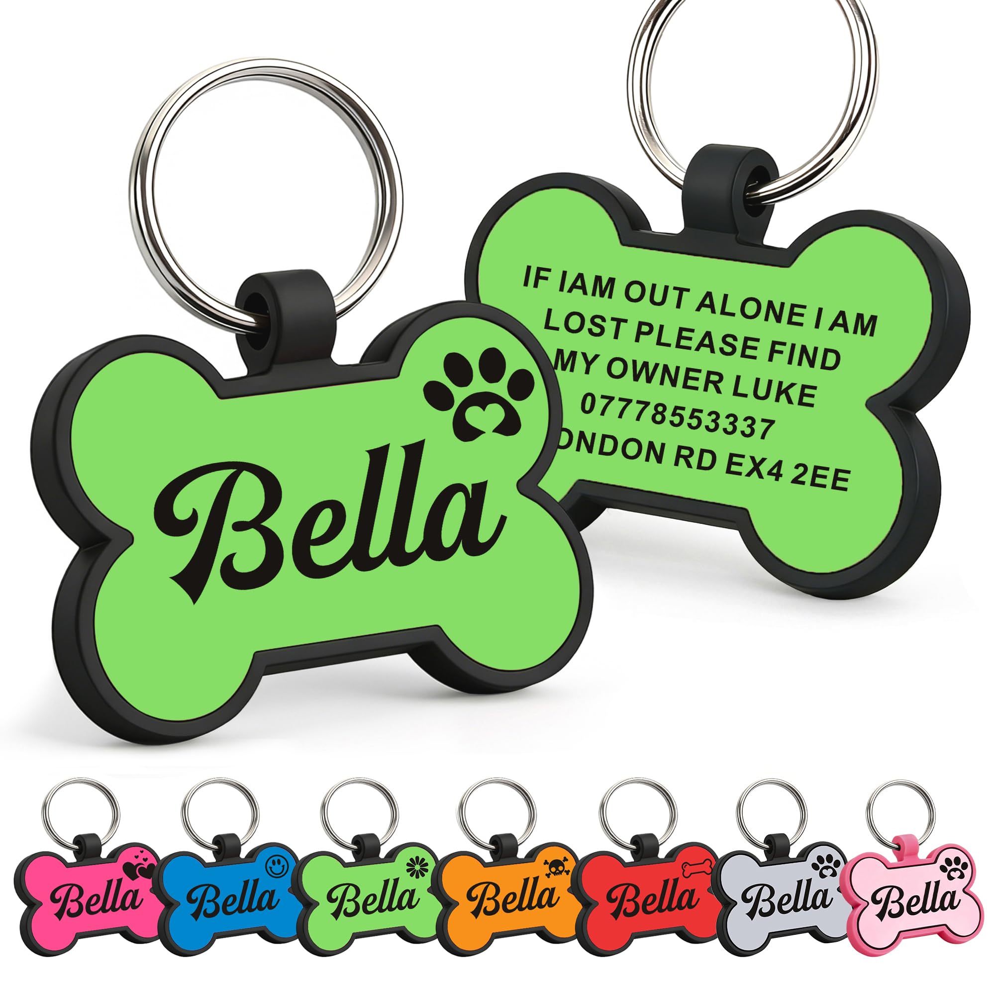 EDSG Dog Tags for Pets Engraved UK, Personalised Dog Tag Dog Name Tag ID Tags, Custom Dog Tags for Dogs Cats Puppy Kitty, Silicone Personalised Dog Tag(Green Bone) — image 1