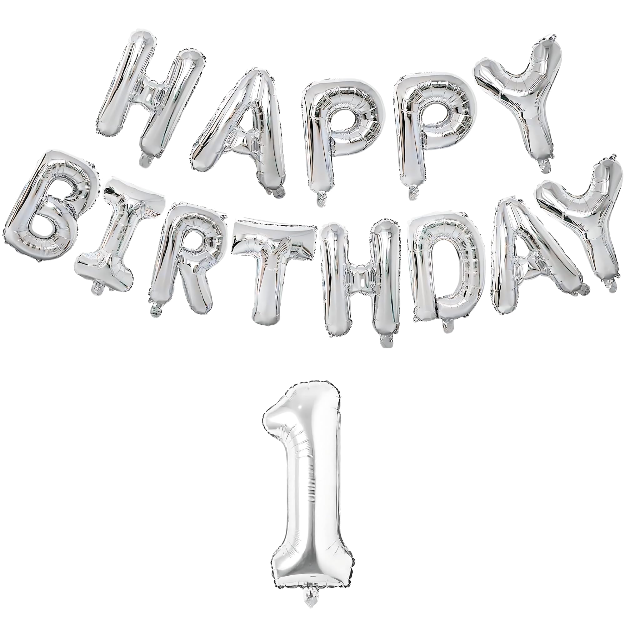 Flyloons 1st Silver Colour Happy Birthday Foil Balloon Set For 1 Year Old Boys Girls Baby | With Number One | 13 Letters Reusable Happy Birthday Metallic Foil Balloons Decoration Kit, 14 Pcs