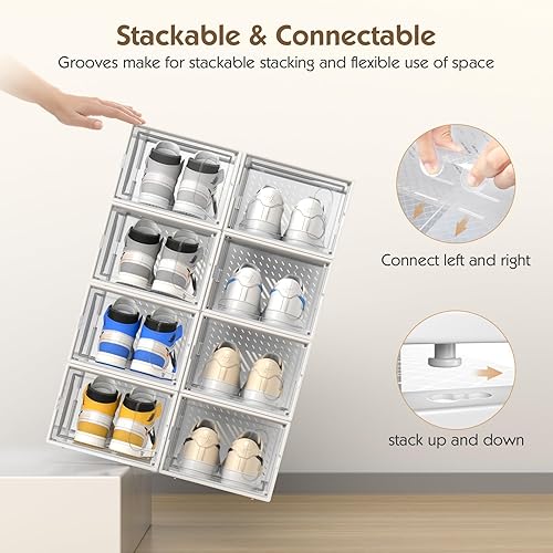 Miniatura 4 de SALA Paquete de 12 cajas de almacenamiento de zapatos XL con puerta magnética, se ajusta hasta el tamaño 13, organizador de zapatos apilable de