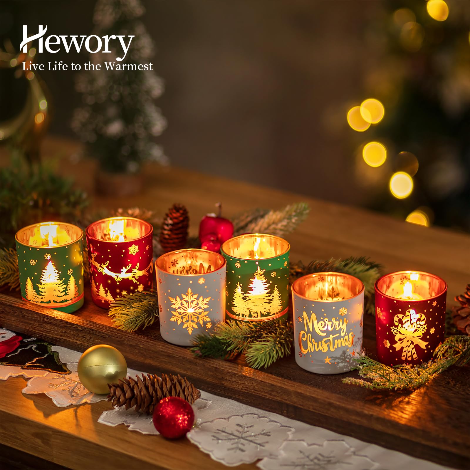 Hewory Lot de 6 bougeoirs votifs de Noël : lot de 6 bougeoirs cylindriques en verre pour centre de table, décoration d'intérieur pour cheminée, fête de vacances