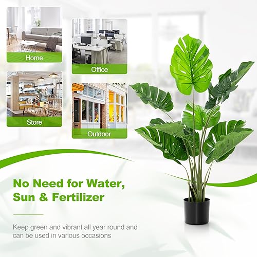 Miniatura 8 de Goplus Planta artificial Monstera Deliciosa, palmera tropical falsa de 4 pies de alto con 10 hojas de tortuga diferentes, maceta de plástico rellena