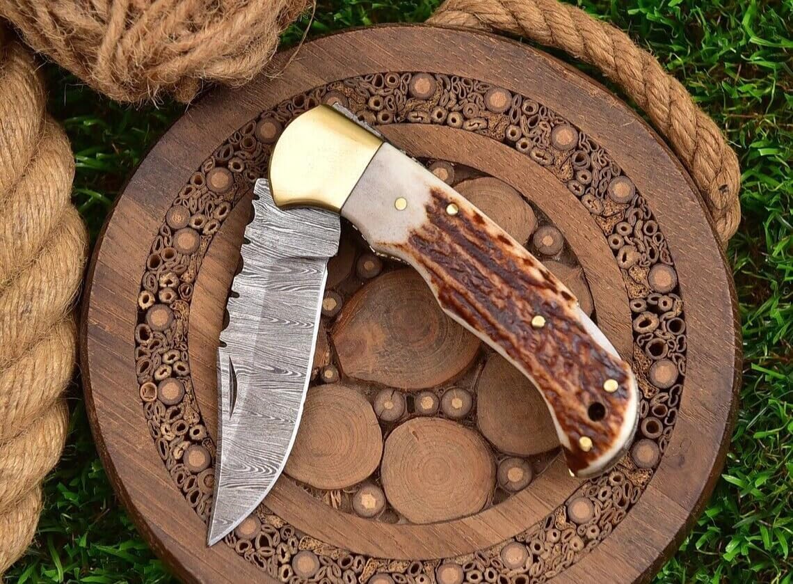 SHARDBLADE Hand Forged Damascus Steel Stag/Antler Folding Knife W/Sheath