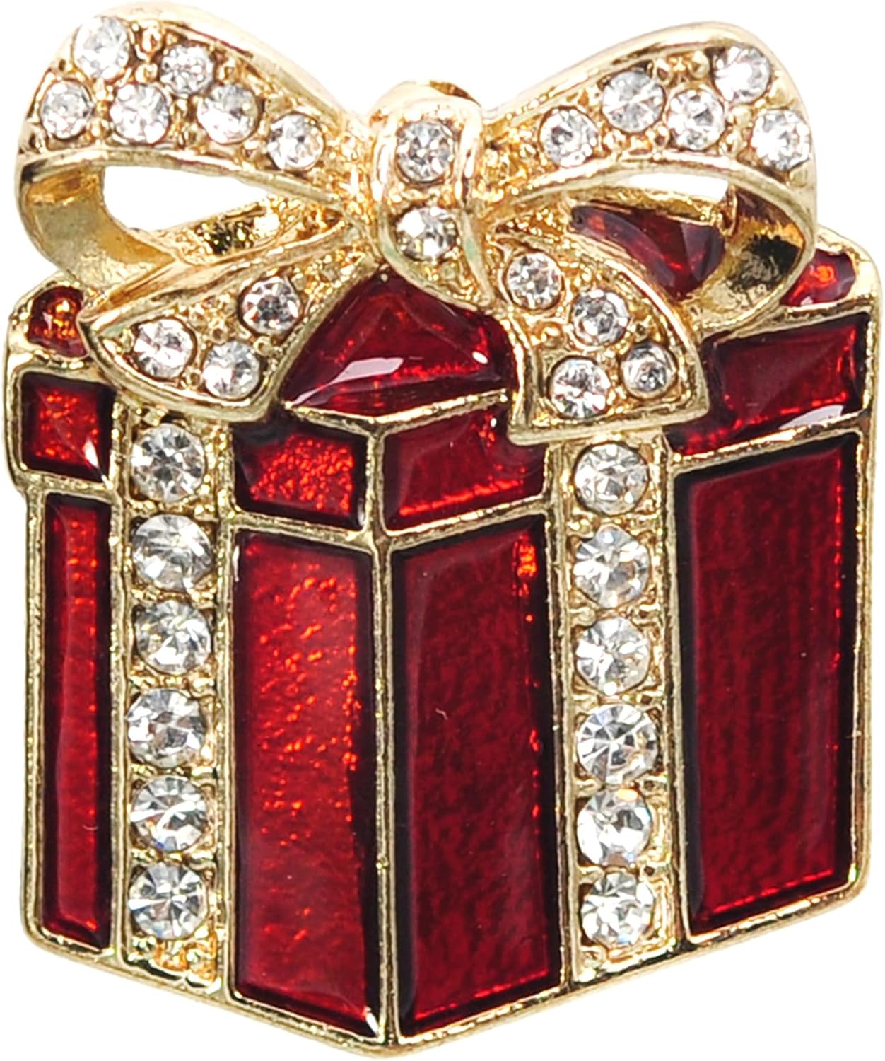 Gyn&Joy Golden Tone Red Enamel Rhinestones Ribbon Bow Christmas Gift Box Holiday Festive Season Brooch Pin